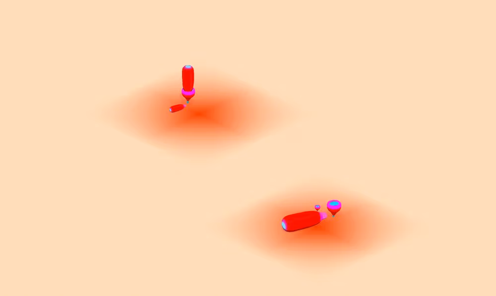 Computer generated artwork by artist Petros Lales depicting red and fuchsia geometric forms against peach-colored background.