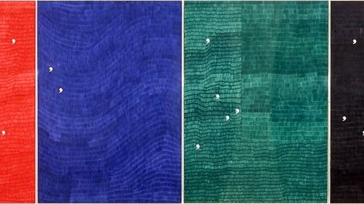 4 evenly shaped color panels, they are red blue green and black.