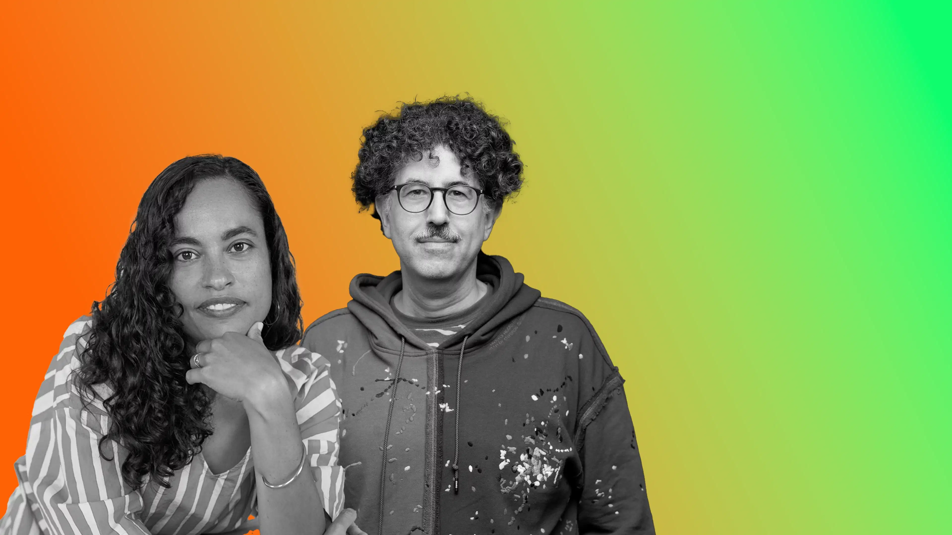 Photos of two people in black and white, Chloë Bass and Hrag Vartanian, against an ombre background