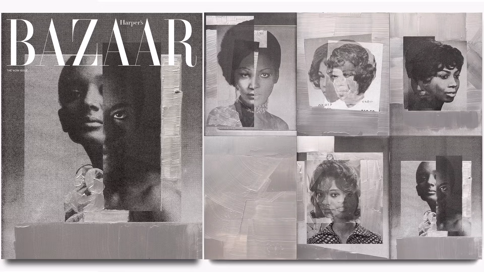 On the left is a Harper's Bazaar magazine cover with a grayscale aesthetic featuring two pictures of black people and white and gray paint. THe right pictures that cover along with five others, one of them simply being gray with main strokes of lighter gray and white.
