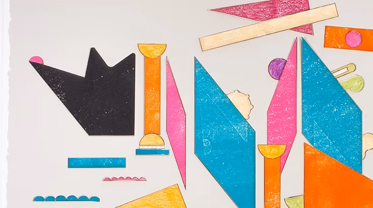 A black wolf with rose nose in profile with several orange, blue and green geometric shapes and music instruments hiding in the background.