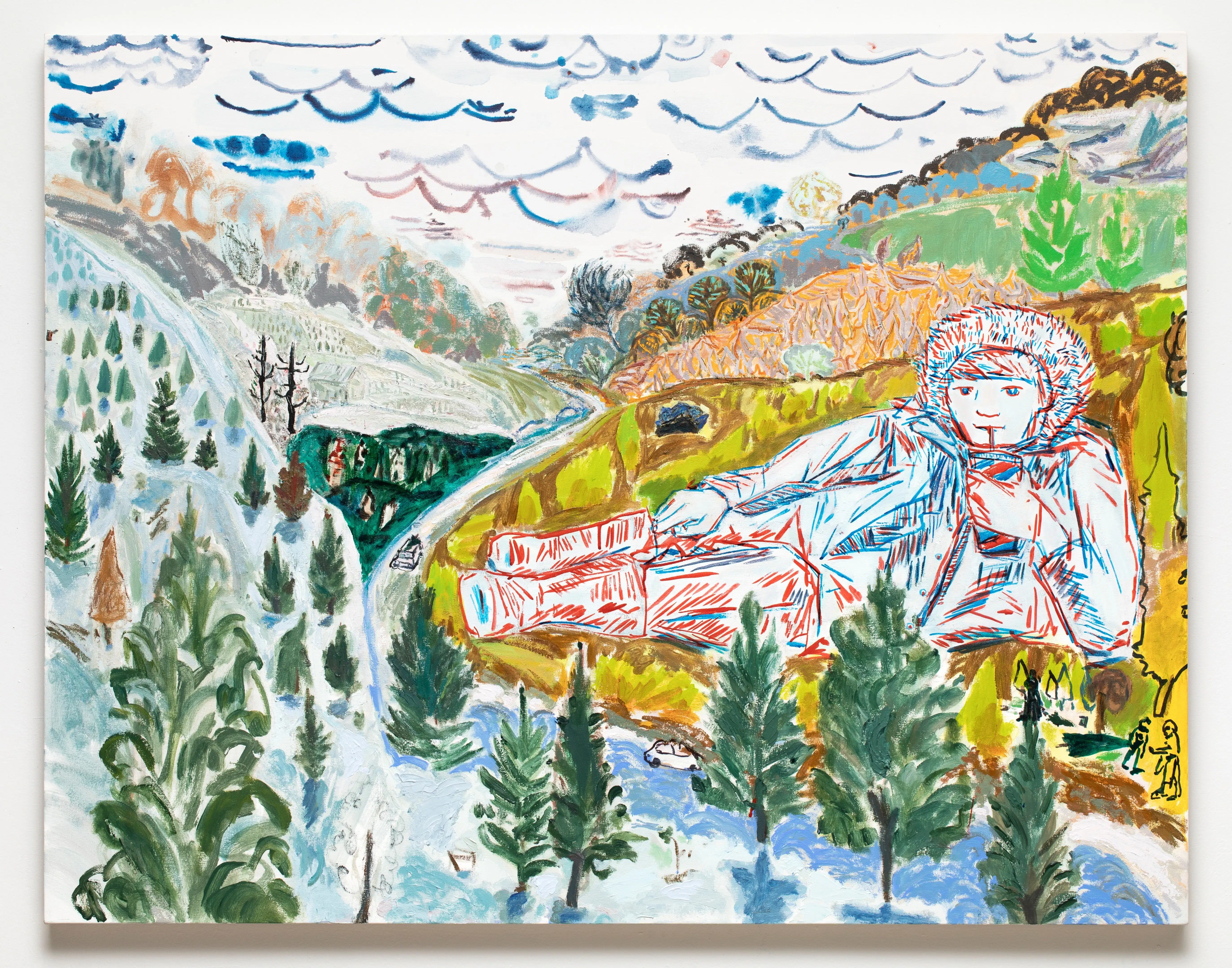 Painting by Lisa Sanditz entitled Big Boy/Big Gulp. A large boy in winter dress is situated in the mountains, drinking a big gulp.
