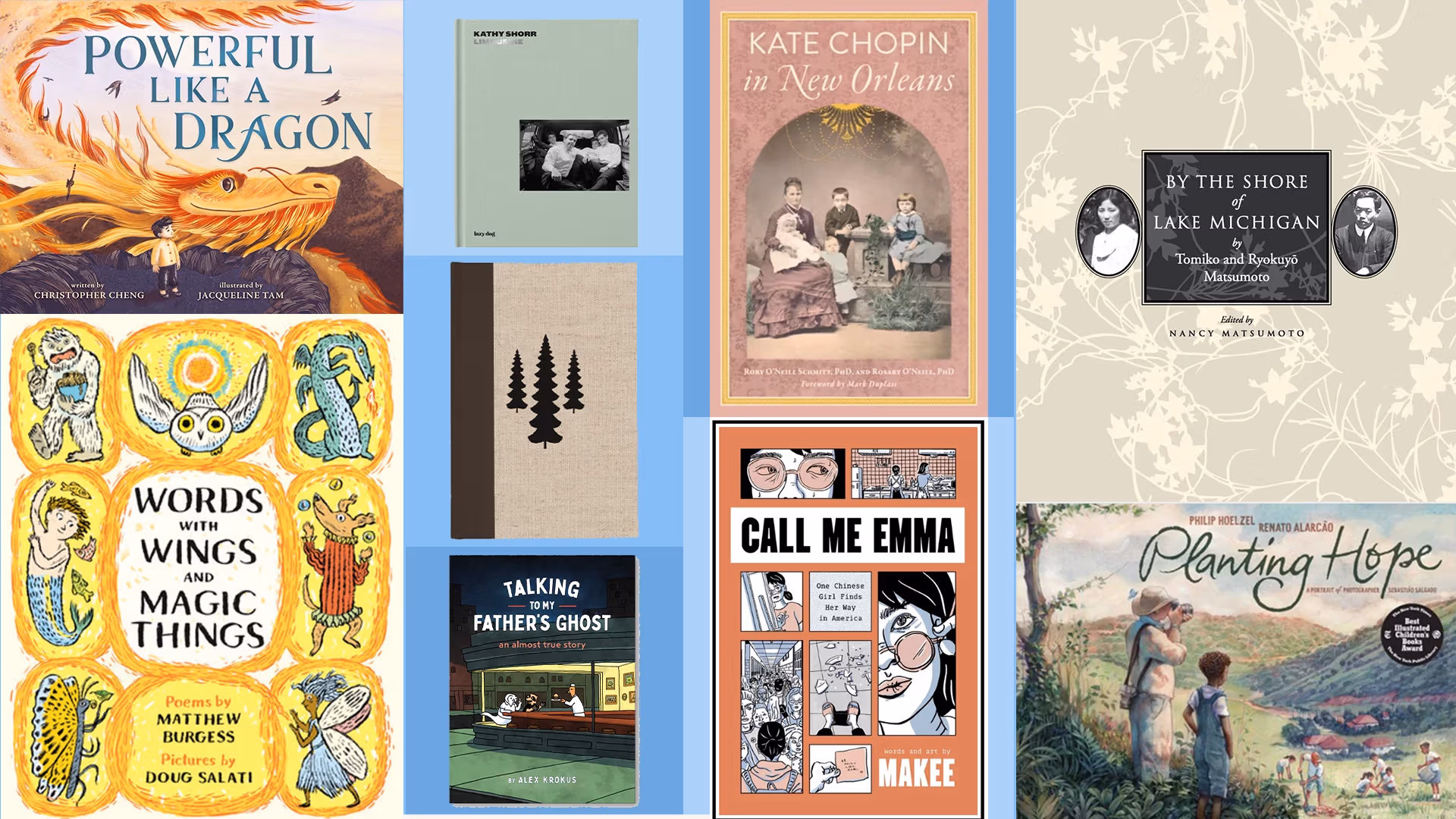 A collage of different covers of books by or worked on by SVA community members