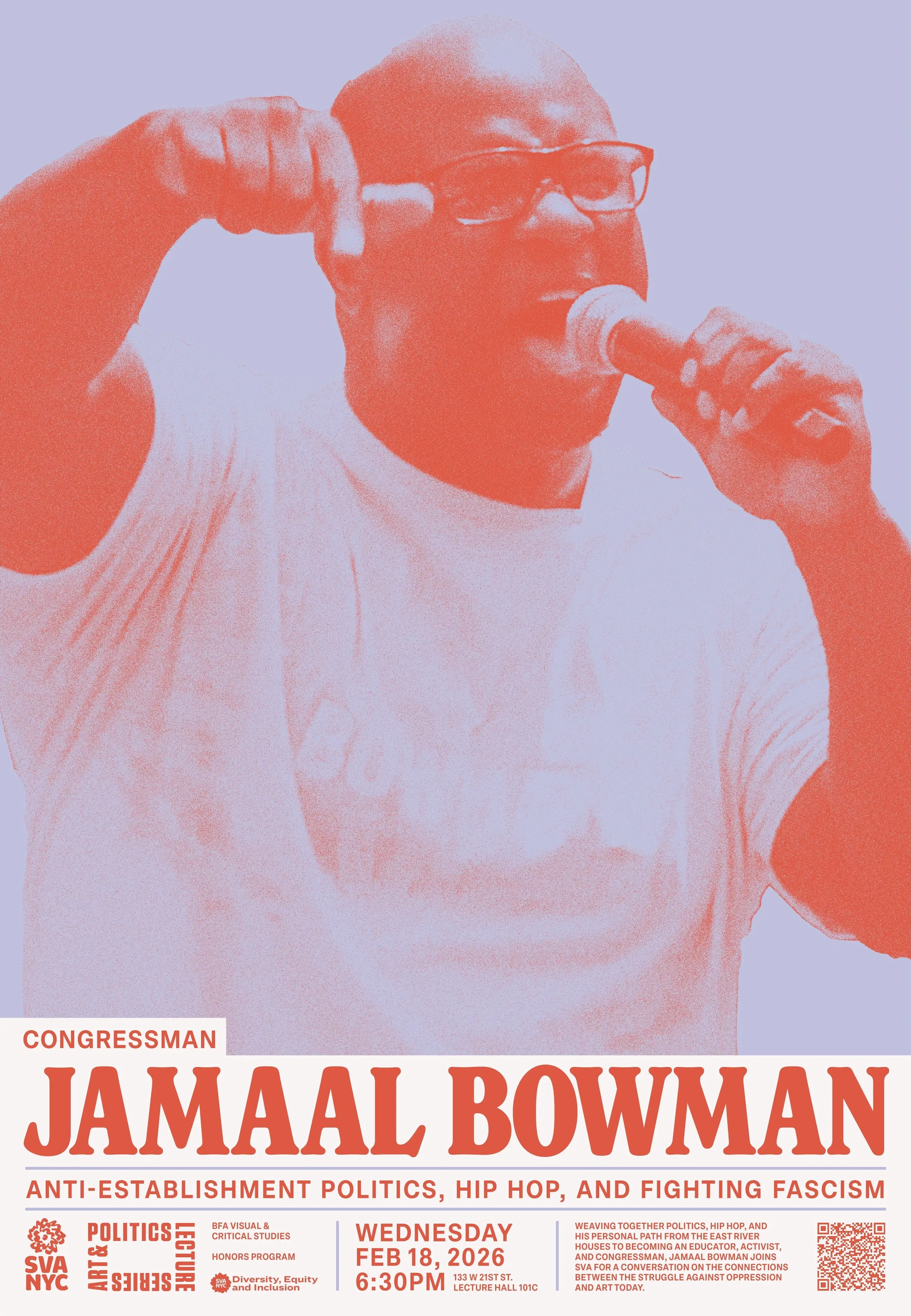 Event poster, Jamaal Bowman with microphone