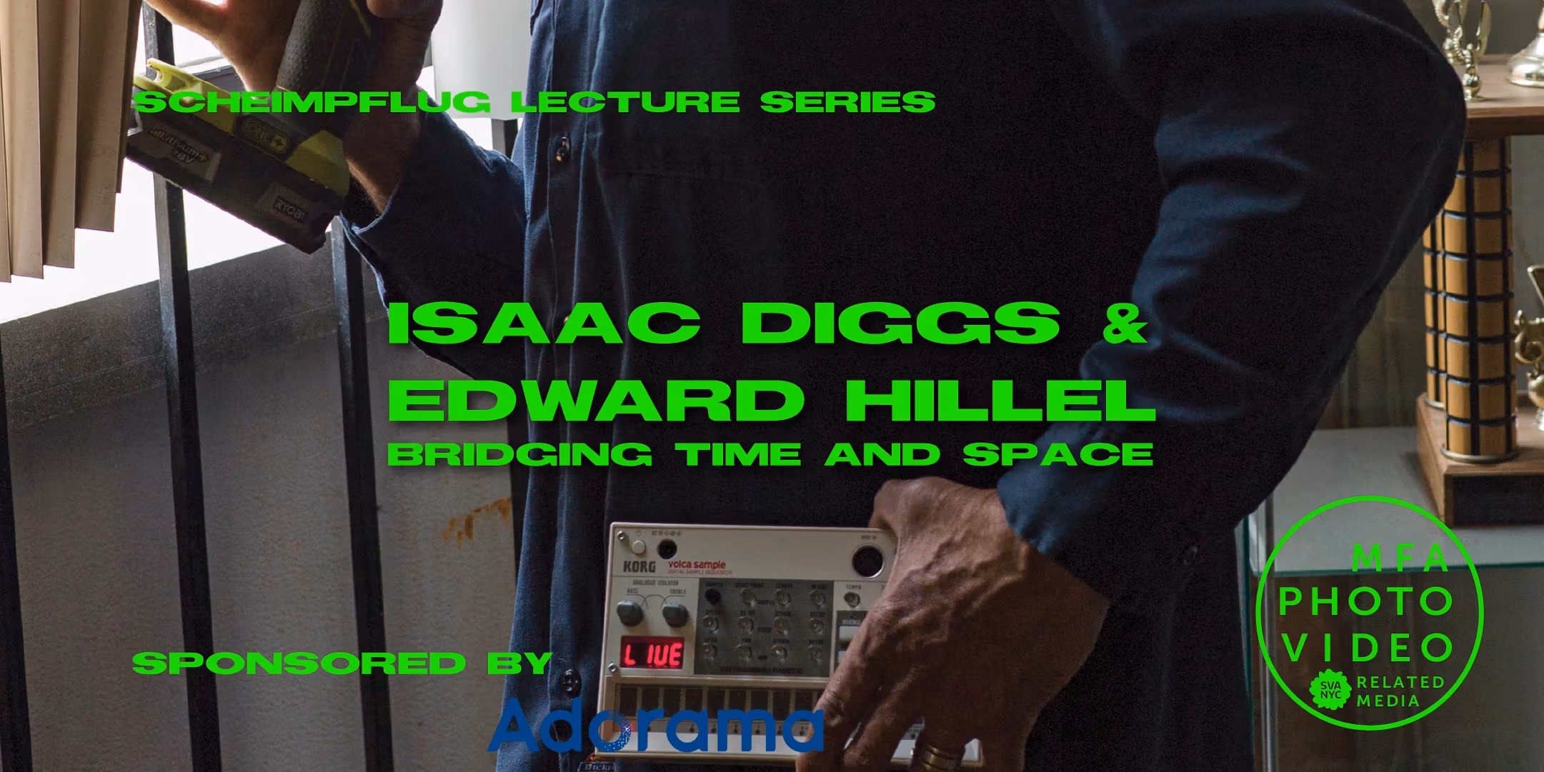 Mike Banks holding an electric drill and a mini synth - color photograph, cropped with neon green text overtop.