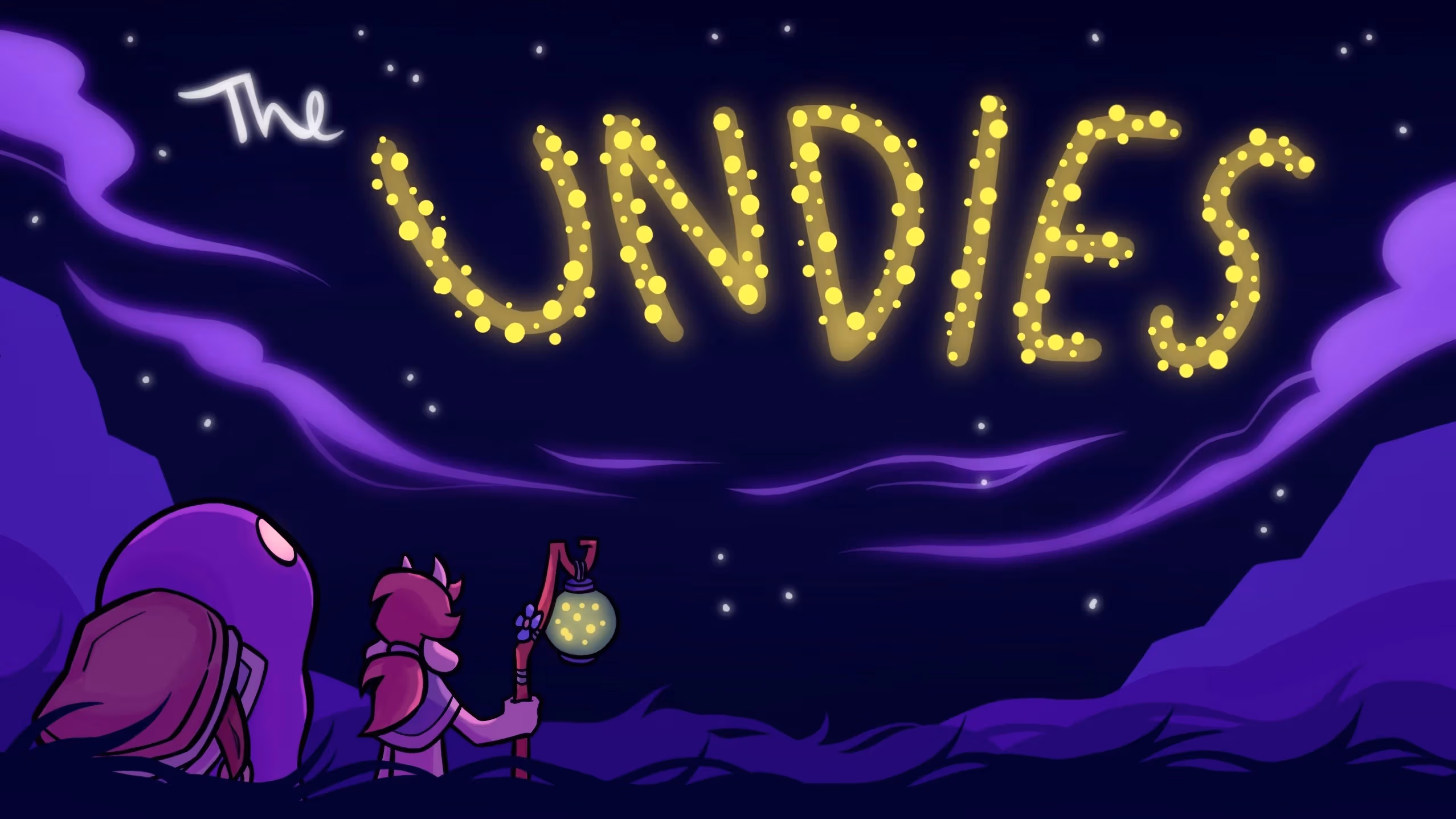 a bald creature with yellow eyes and a saddle on its back and a faun character holding a lantern filled with glowing bugs look up at a partly cloudy starry night sky where more glowing bugs spell out the words "The Undies"