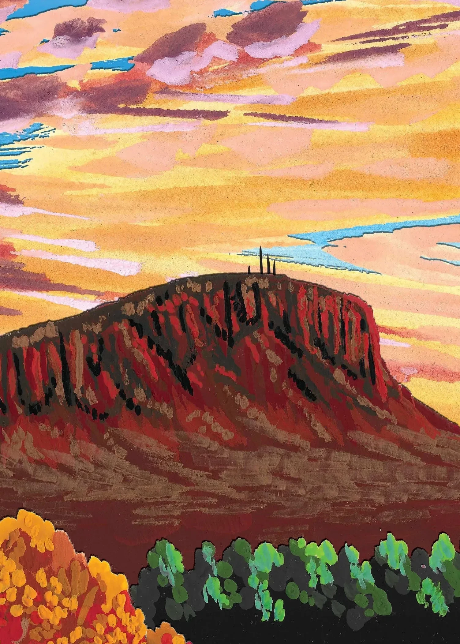 A plateau mountain rises above colorful autumn trees under a sky filled with vibrant sunset clouds.