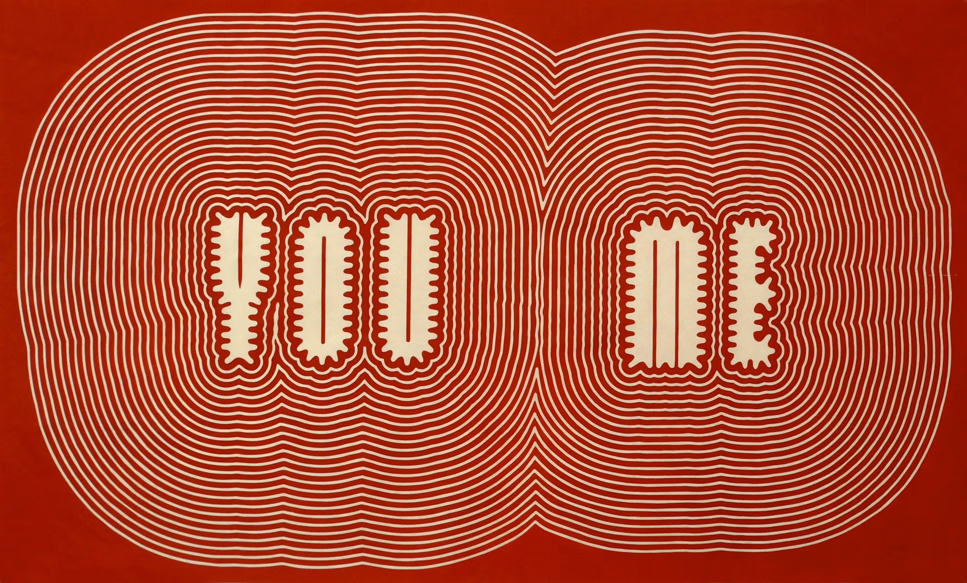 Stylized text artwork by Paula Scher in red and beige, "You Me," designed with a 'reverberating'-type effect around each word.