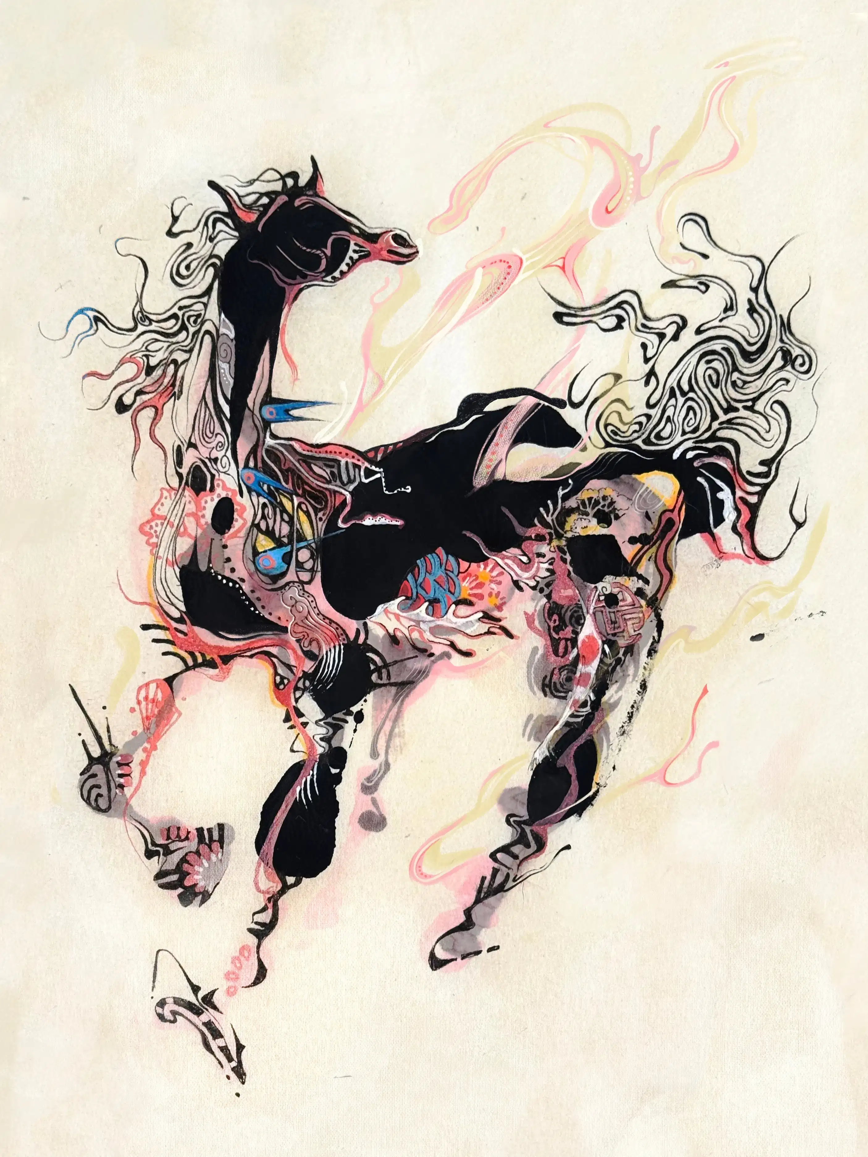 a colorful painting of a horse in black and pink composed of splotches and swirling lines
