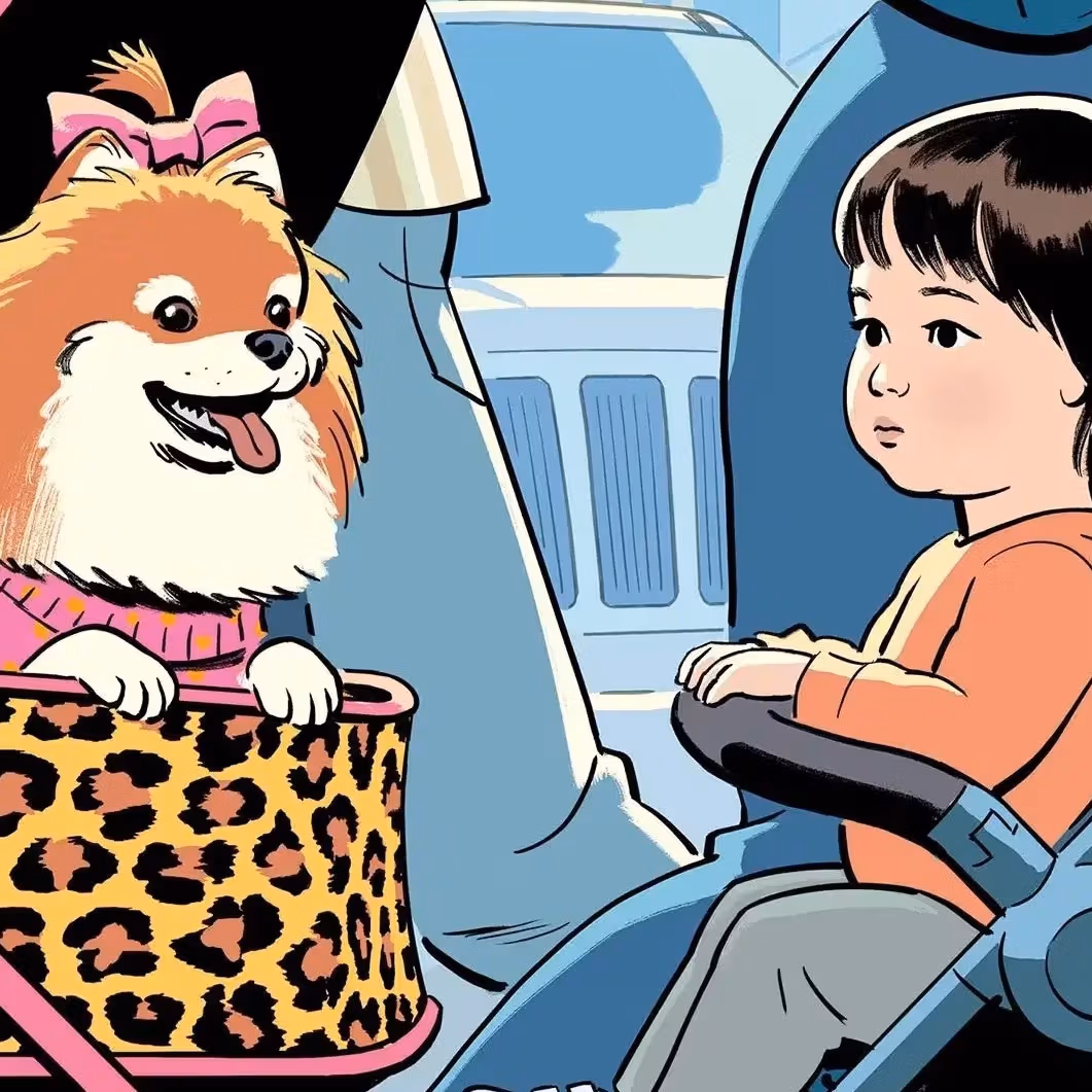 A child in a stroller looks at a fluffy dog wearing a bow, seated in a leopard-print stroller, surrounded by adults in a busy urban setting.