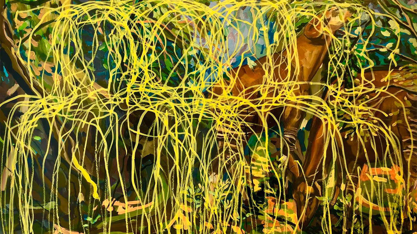 Painting by Jennifer Rappaport depicting two deer eating leaves in a forest setting, and the canvas is overlaid with yellow gestural marks left by a performance.