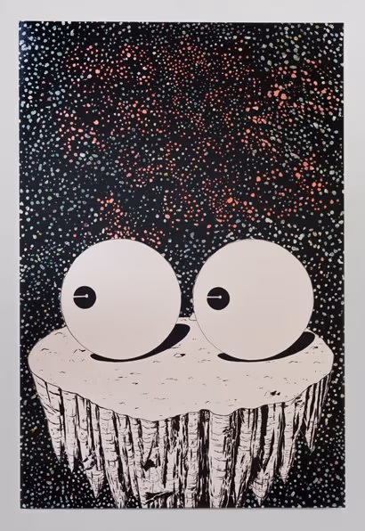 A tree stump holds two objects resembling eye balls.  The back drop is black with white, grey and red circular shapes.