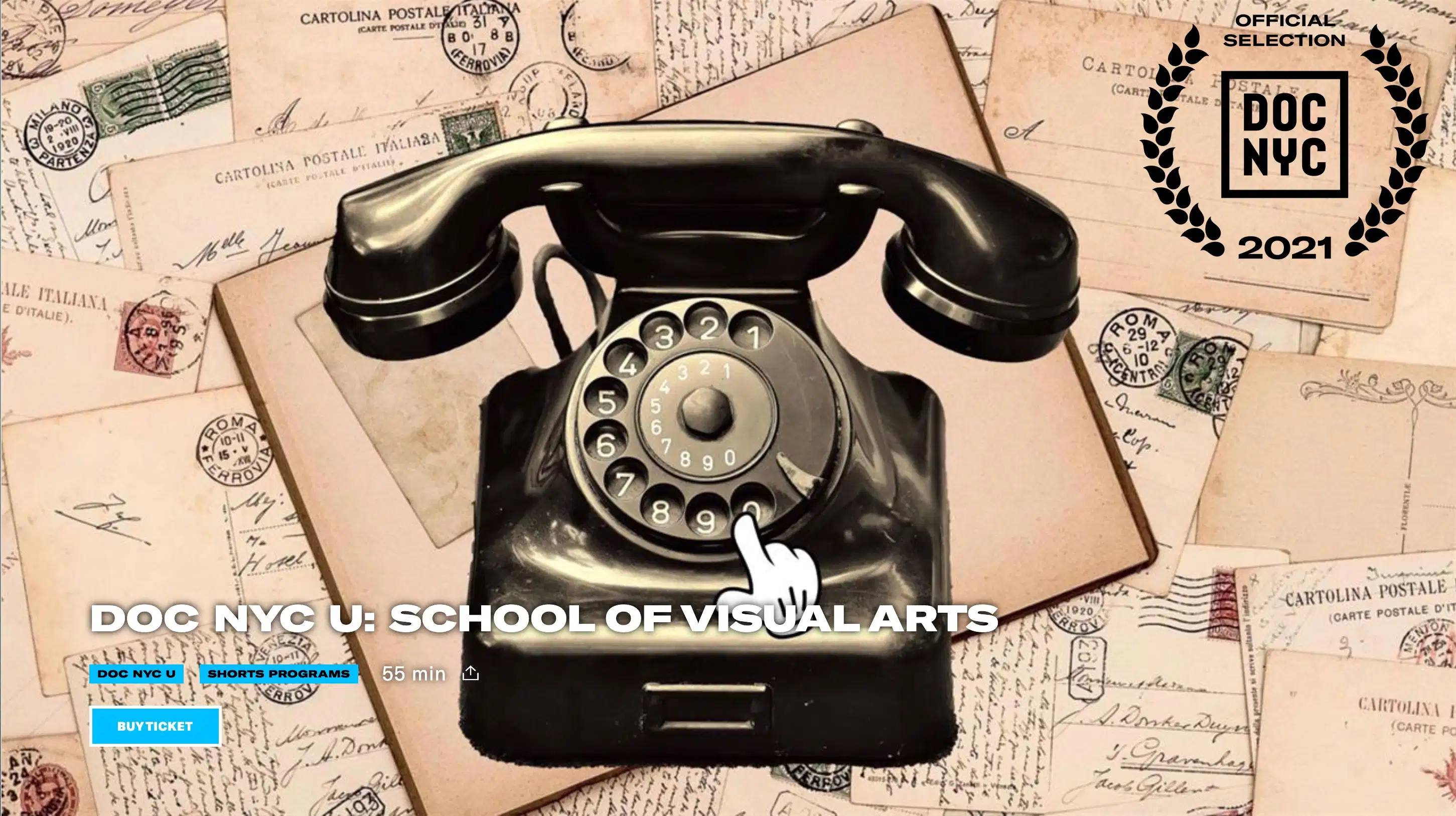 a collage image of a rotary telephone, Mickey Mouse's hand and a pile of letters.