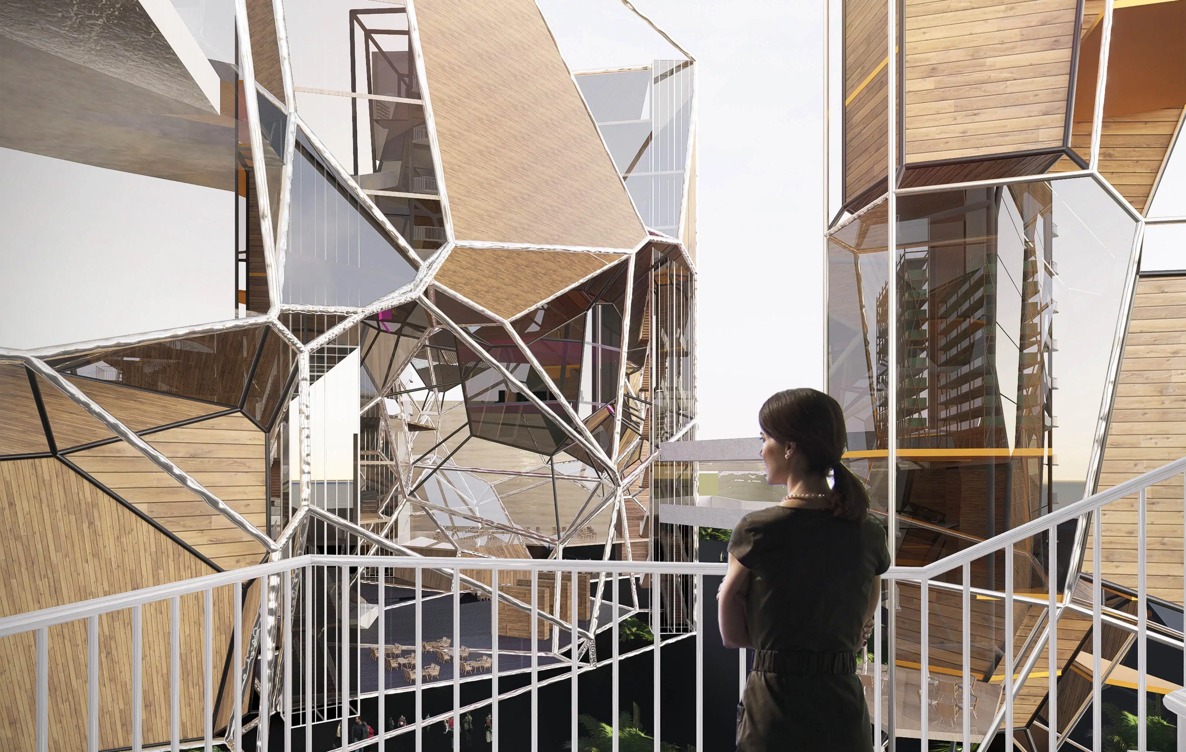 Futuristic architectural interior with angular metal beams and large glass panels. People walk through the sunlit space, creating a modern, dynamic atmosphere.