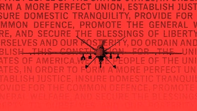 A military grade drone is displayed over words often associated with patriotism,