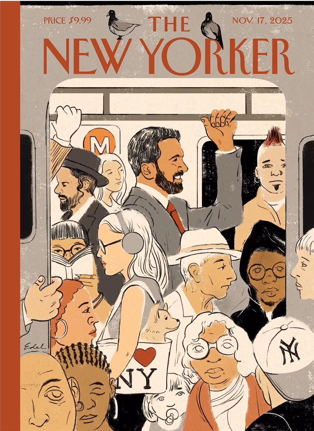 A cover of 'The New Yorker' featuring an illustration of NYC Mayor Elect Zohran Mamdani on the crowded subway.
