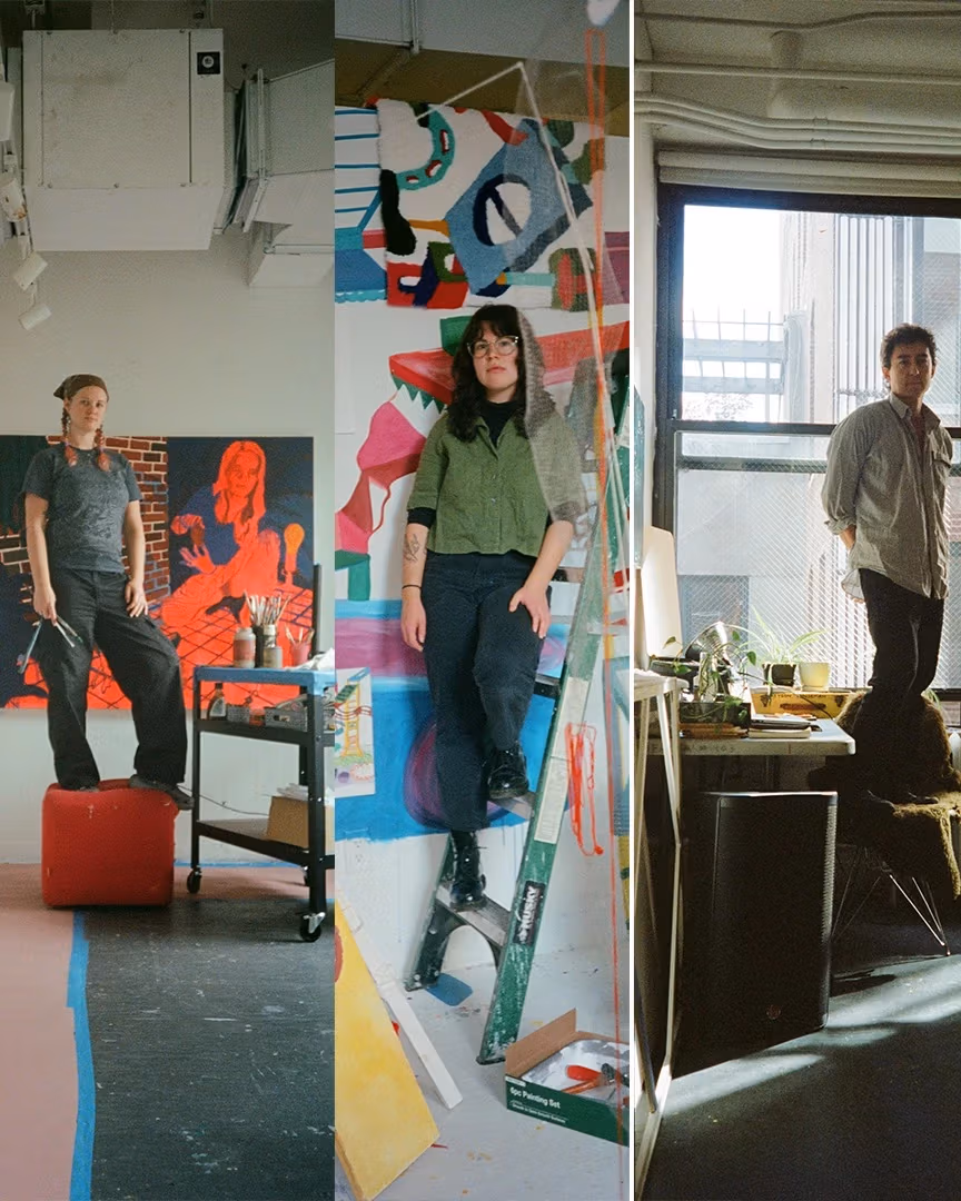 Images of 3 artists standing in their studios collaged together.