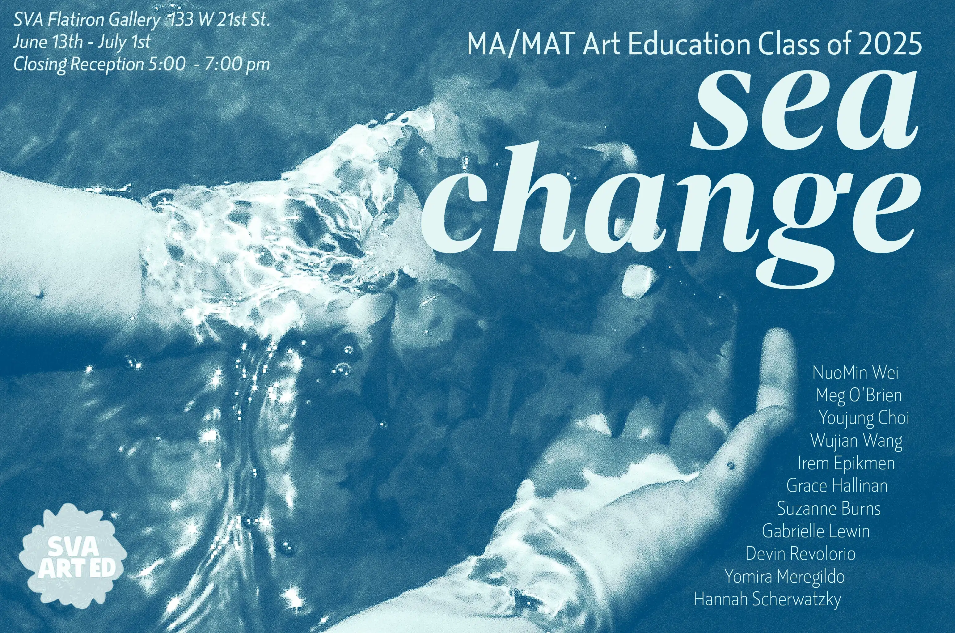 Blue monochrome poster showing hands dipping into water, with "sea change" in large letters and a list of names below.