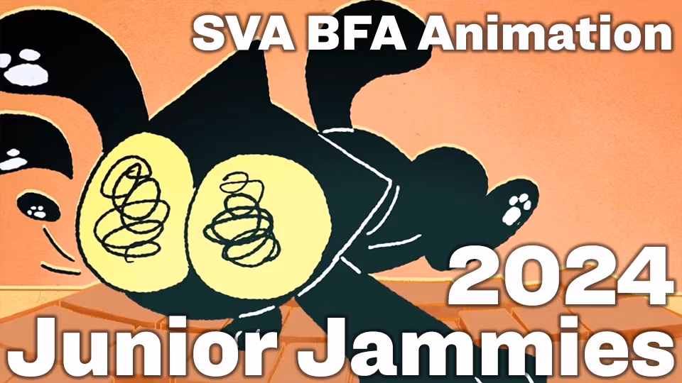 drawing of a black cat with squiggly eyes stumbling towards the camera with text over the image reading "SVA BFA Animation" on the top and "2024 Junior Jammies" on the bottom