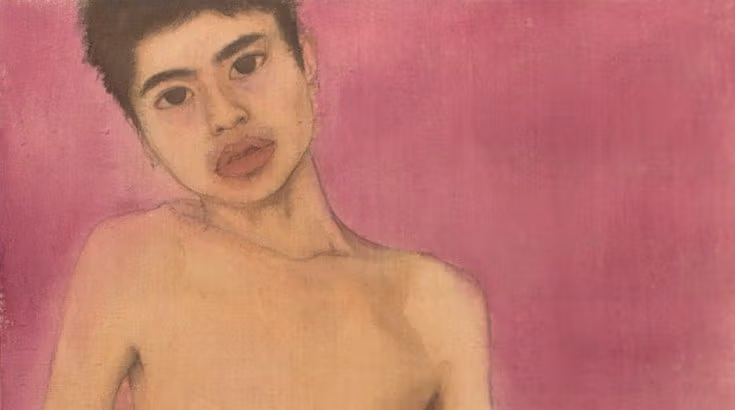 Self-portrait painting by Stanley Chen, presenting a shirtless young man looking at the viewer while standing against a magenta background.