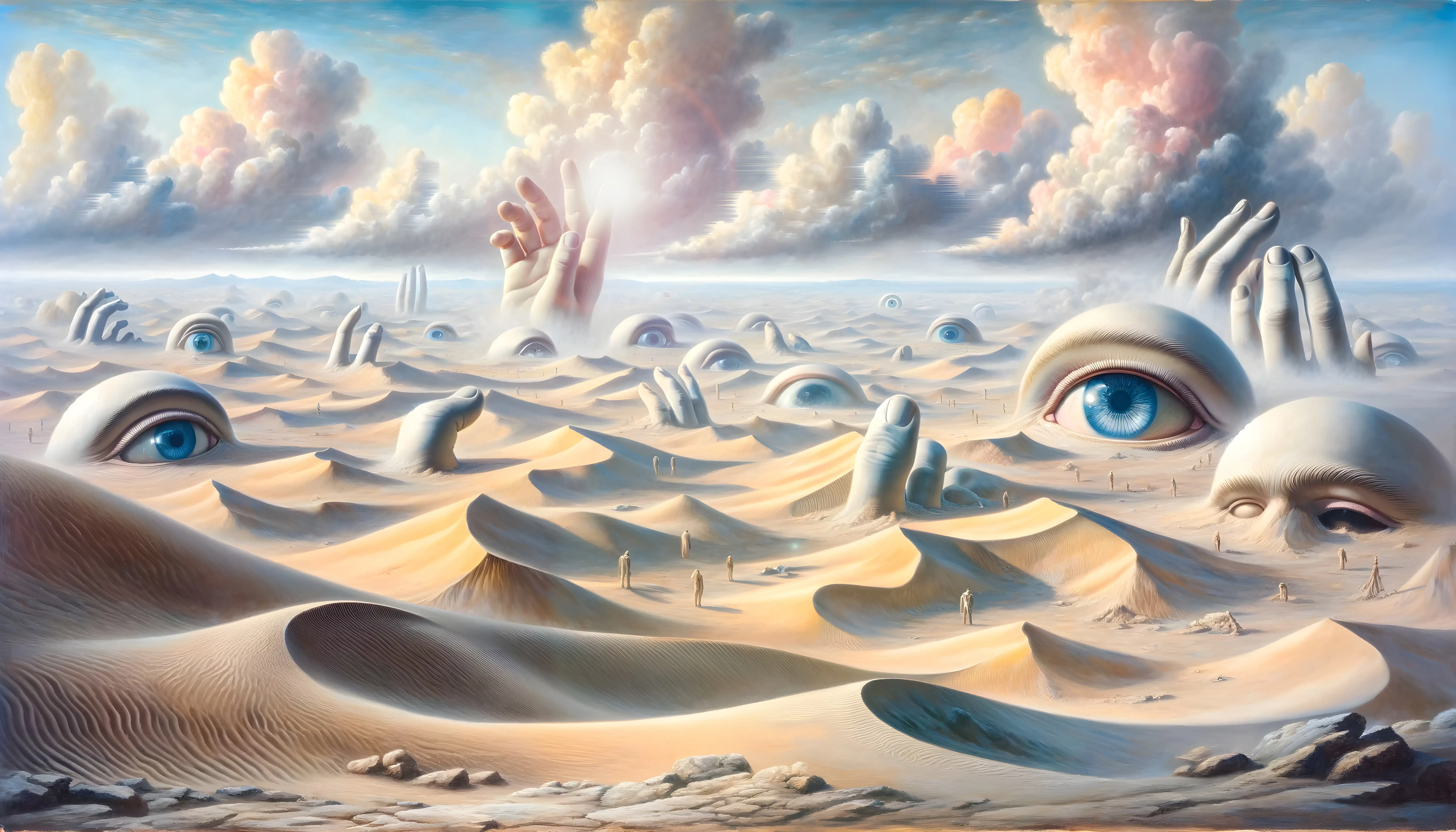 A clearly AI generated image of a sand dunes from which eyes, heads, and fingers peek out of. There are colorful clouds in the blue sky and one of the hands is reaching out to touch what looks like the sun. 