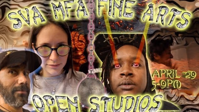 Several people pose with a peculiar look.  One of them has red beams shooting from his eyes.