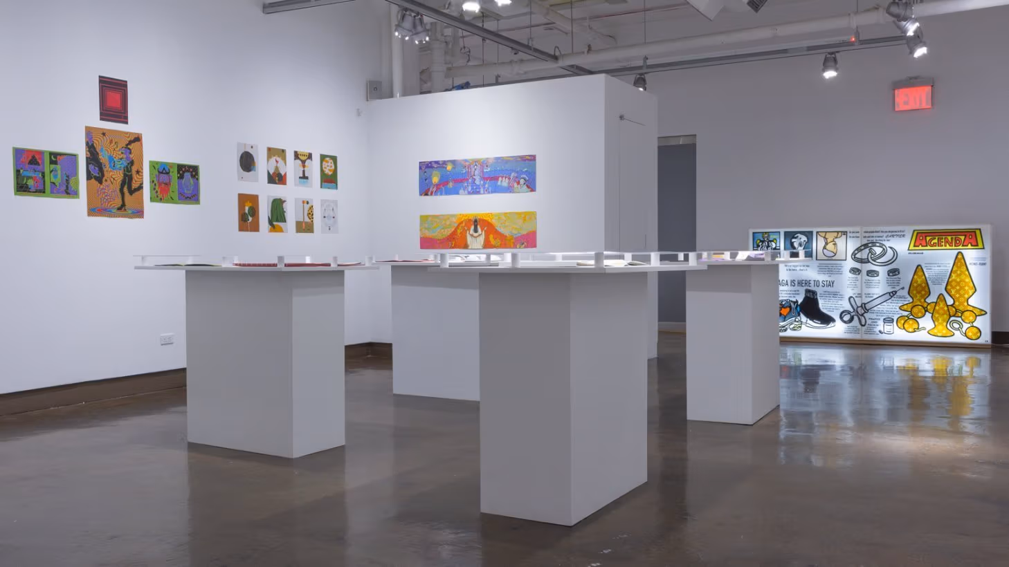 Photo of printmaking artwork hung from inset walls, with pedestals in middle of room displaying books and a large lightbox print on plexiglass to the far right.