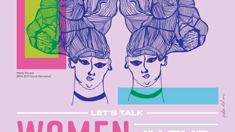 A poster that says 'Let's talk' and 'Women in the Creative Industries'. Two drawlings of women are shown.