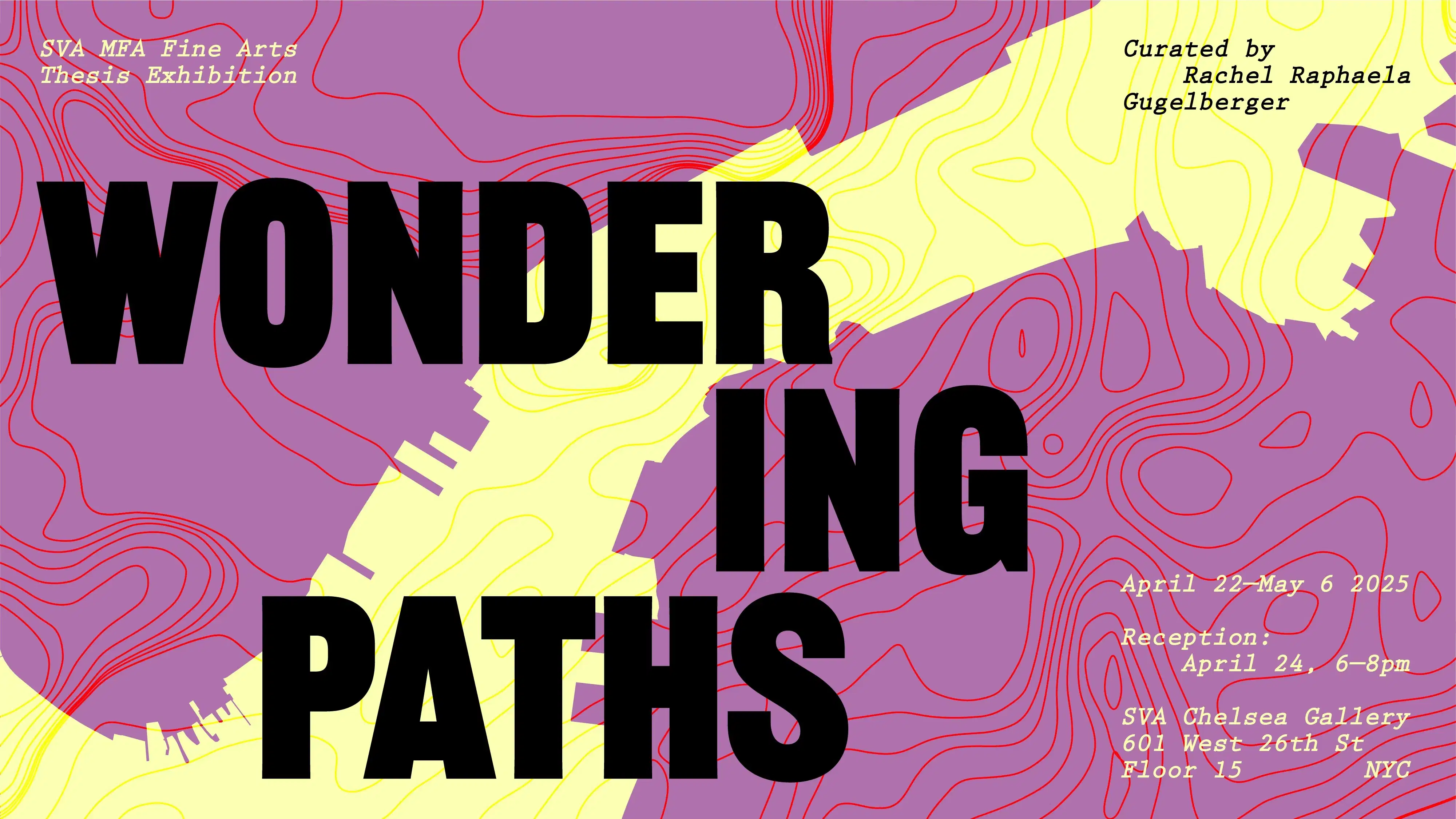 Light purple background with a yellow meandering path through, from the bottom left to top right, with the suggestion of a river. The purple has thin red lines through it. Large black text says "WONDERING PATHS" with the show details.
