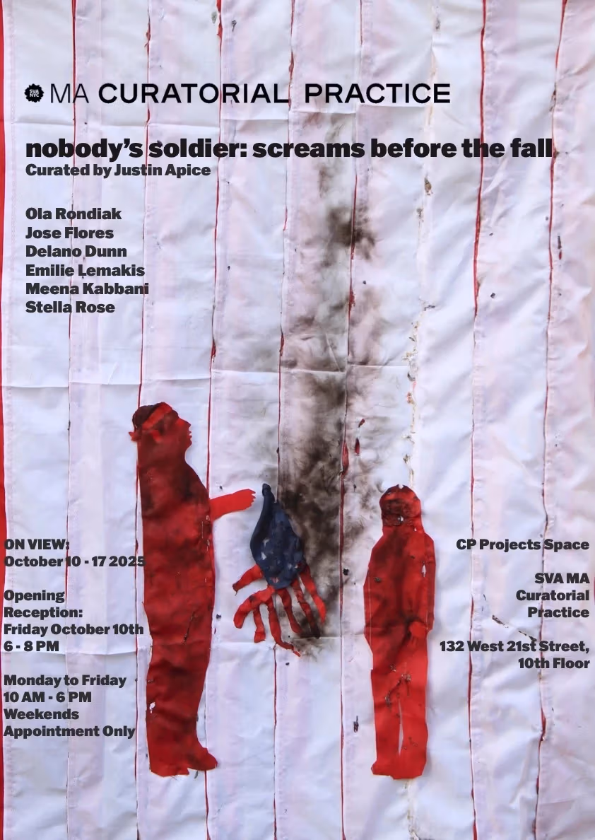 exhibition poster featuring two red figures, one holing a smoldering American flag while the other stands next to it