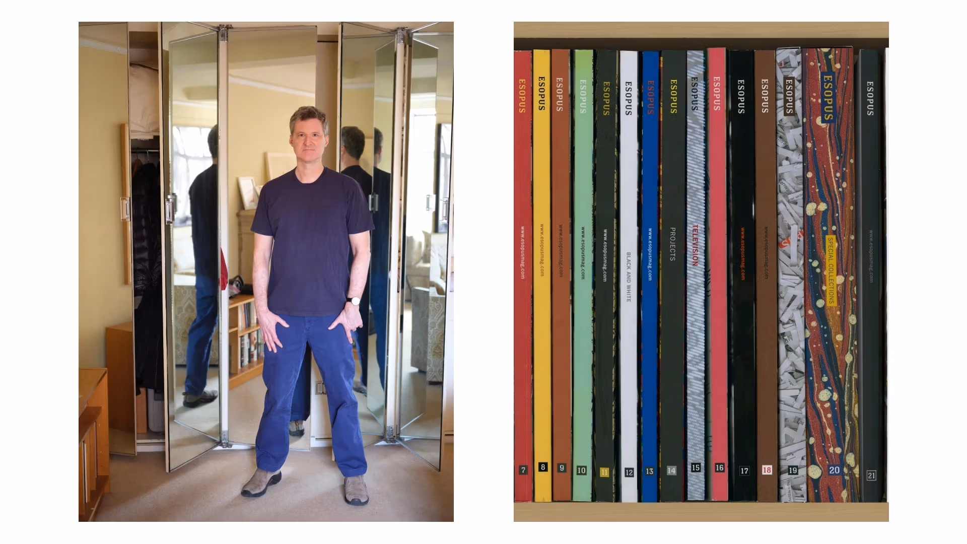 Photo collage. Left: white man wearing blue tshirt and jeans stands in front of multiple mirros. Right: a stack of rainbow book spines.
