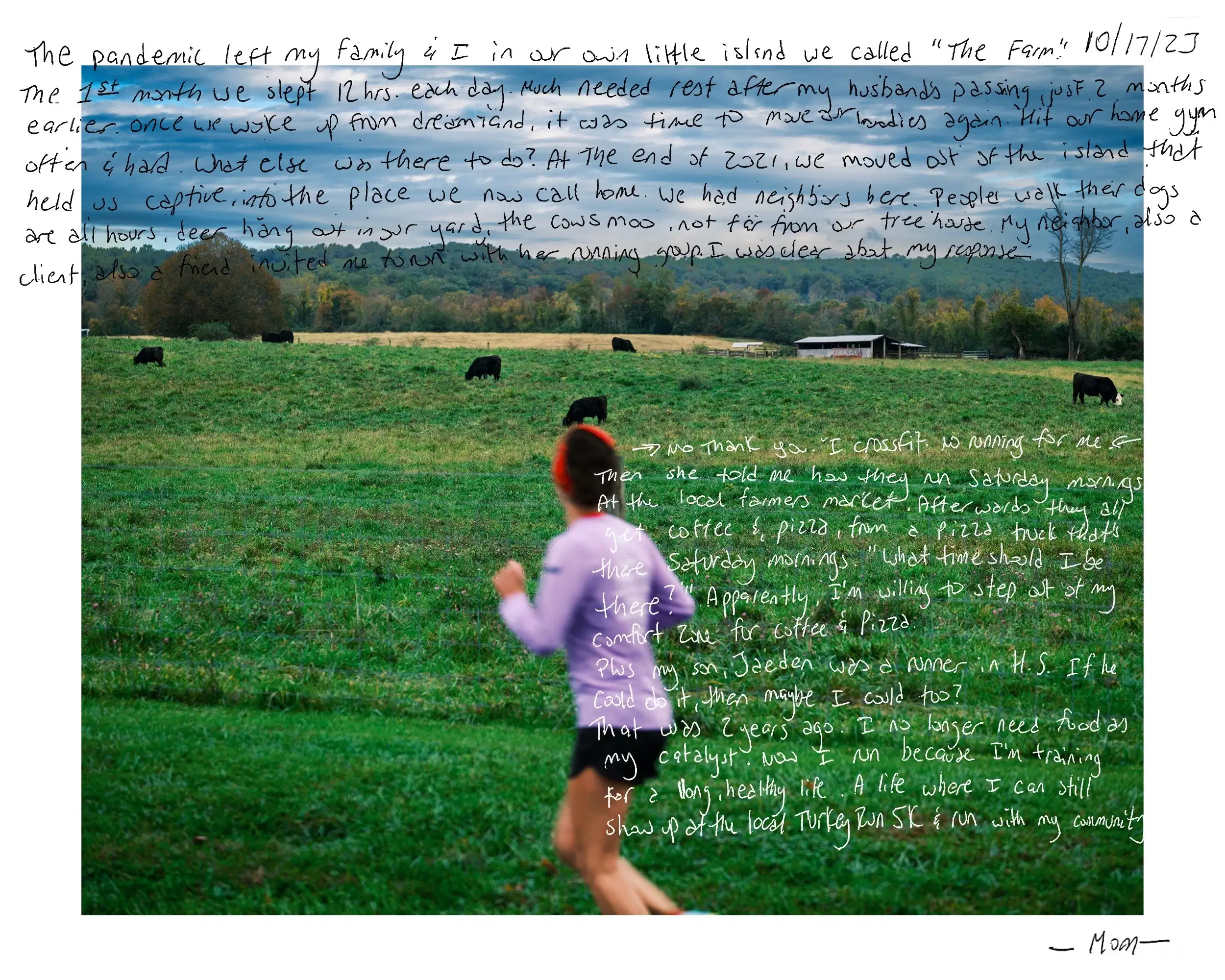 A photo of a woman running in a field, writing is overlaid on top