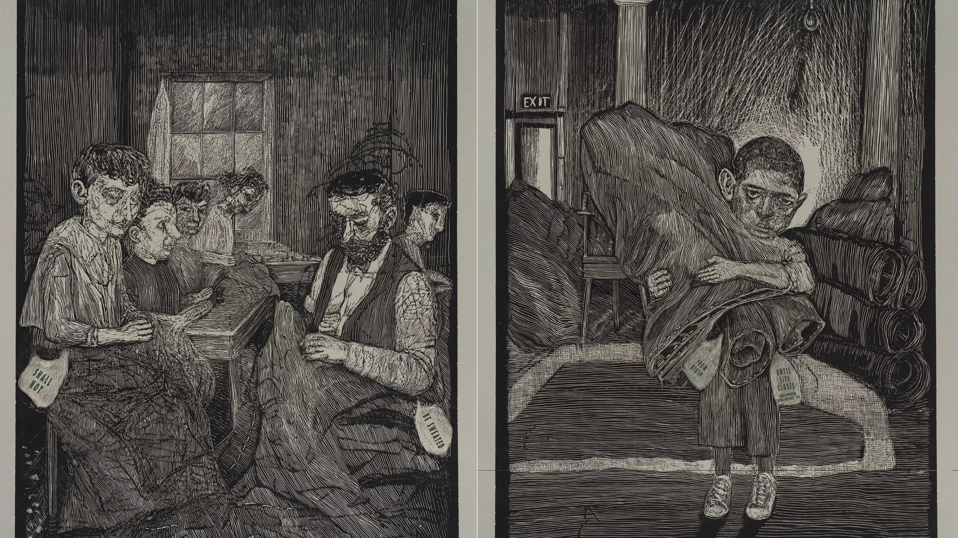 Diptych woodcut: workers sewing in a dim room (left); boy carrying heavy fabric in factory (right).