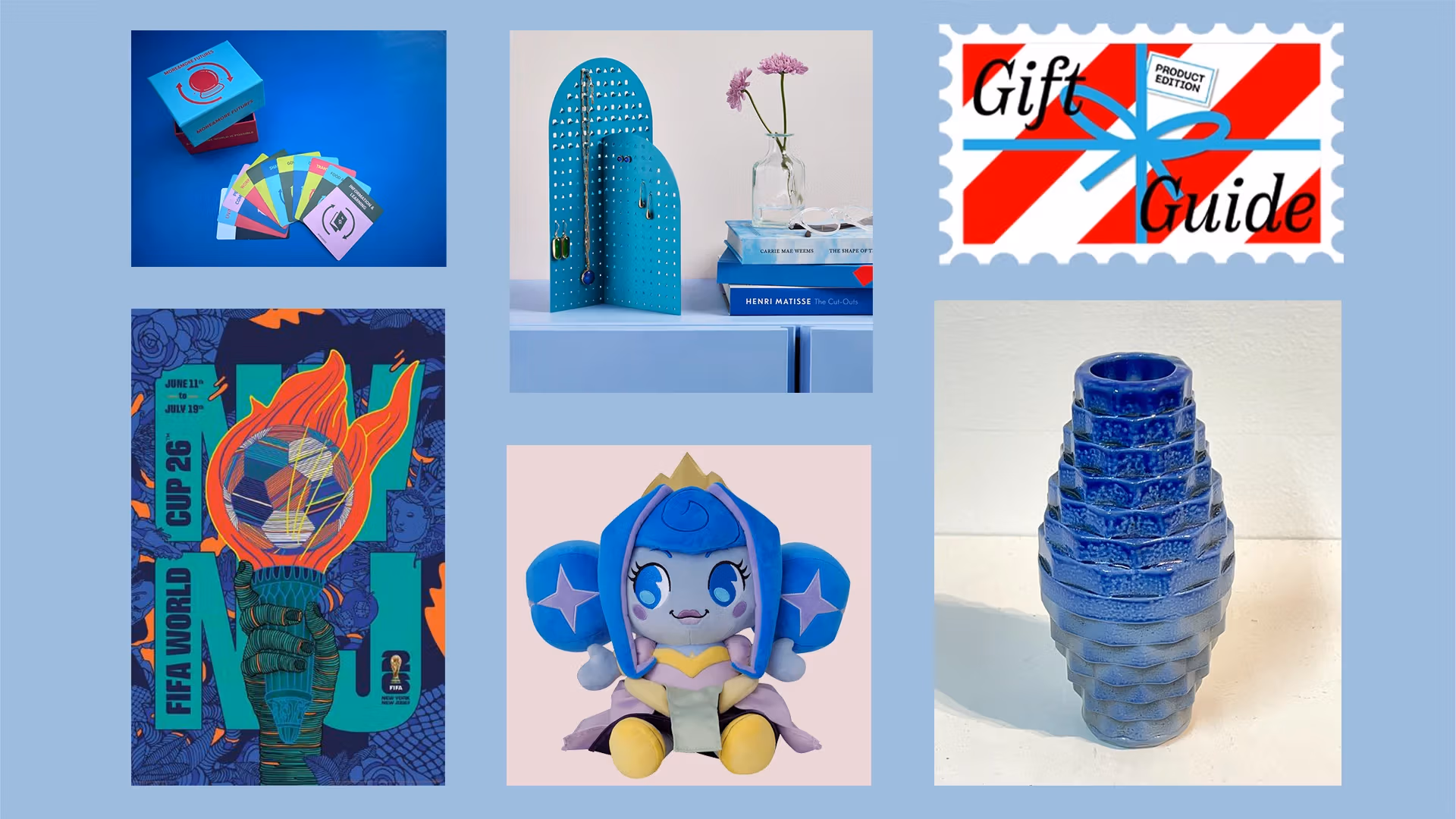 A collage of a poster, cards, a jewelry stand, a plushie, and a vase