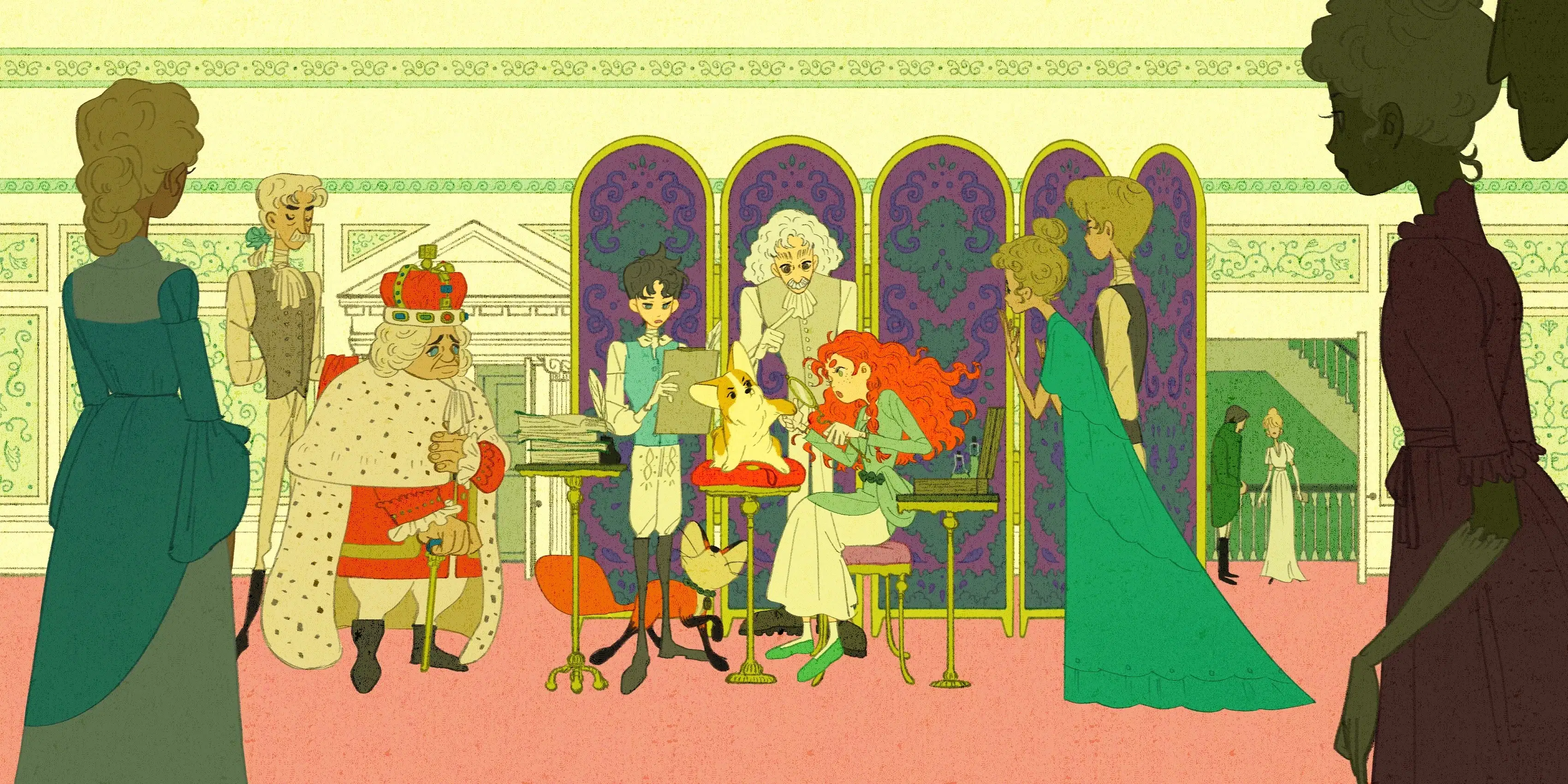 In the rest hall of Windsor Castle, a veterinary professor is treating the pet dog of King George III with two apprentices. A red-haired girl is observing a wound on one of the dogs' paws, while a boy in a blue waistcoat is taking notes on the dogs' physical condition. The professor is providing guidance on the side. The king, servants, and other people in the palace are watching on the side.