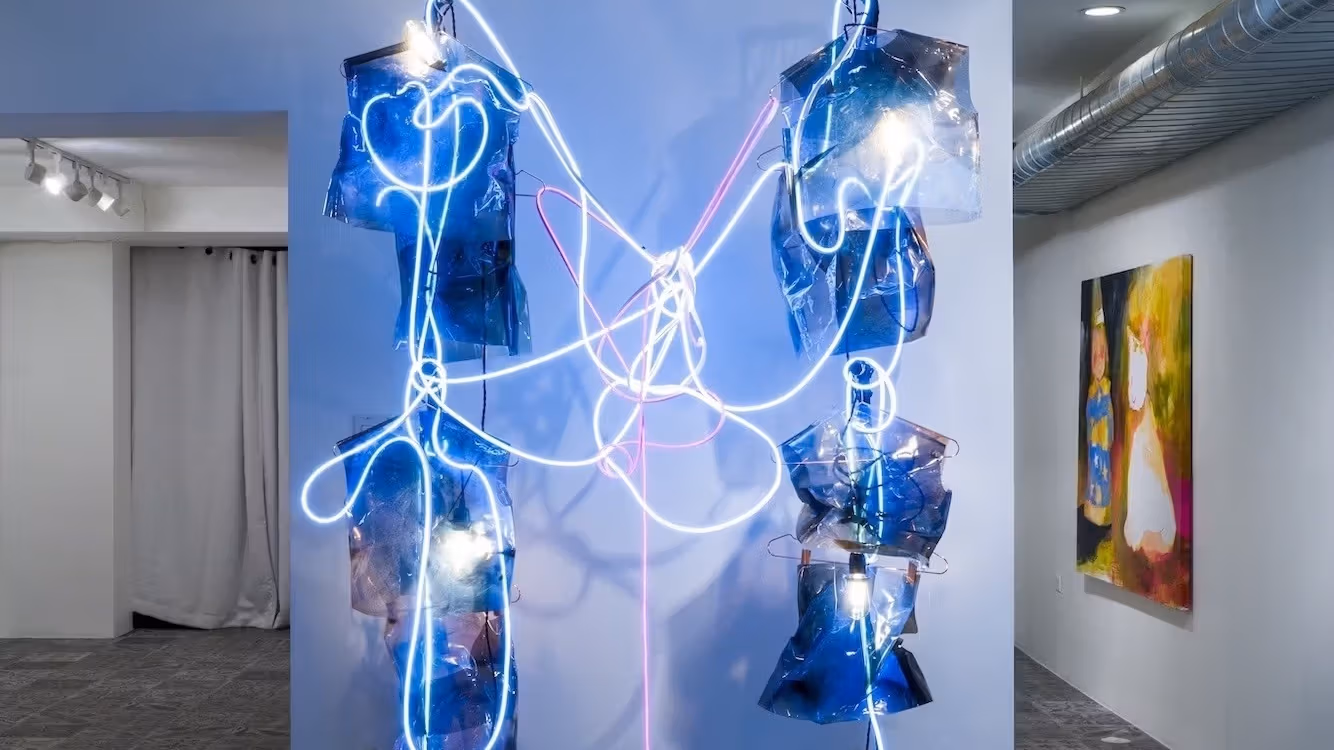 A sculptural installation on a white wall utilizing multiple wires and body-like forms covered in tangled electrical cords.