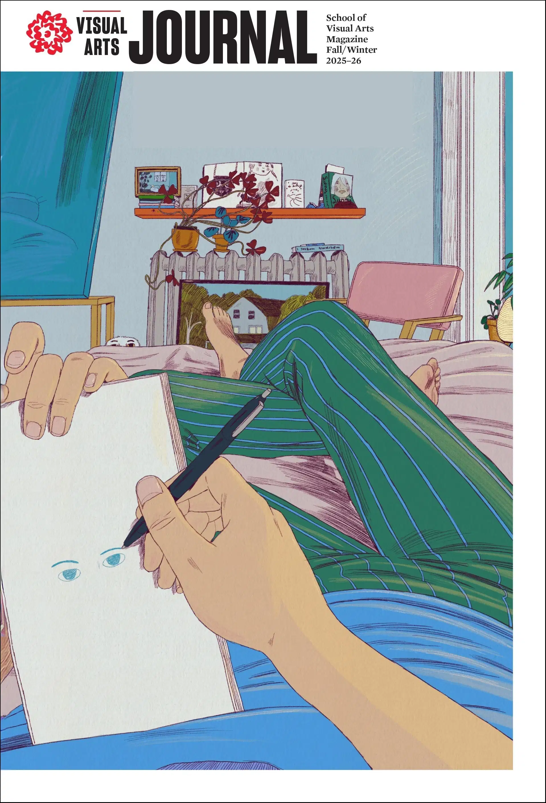 A magazine cover featuring an illustration of a person reclining in a home and drawing in a sketchbook. The drawing is composed from the person's point of view.
