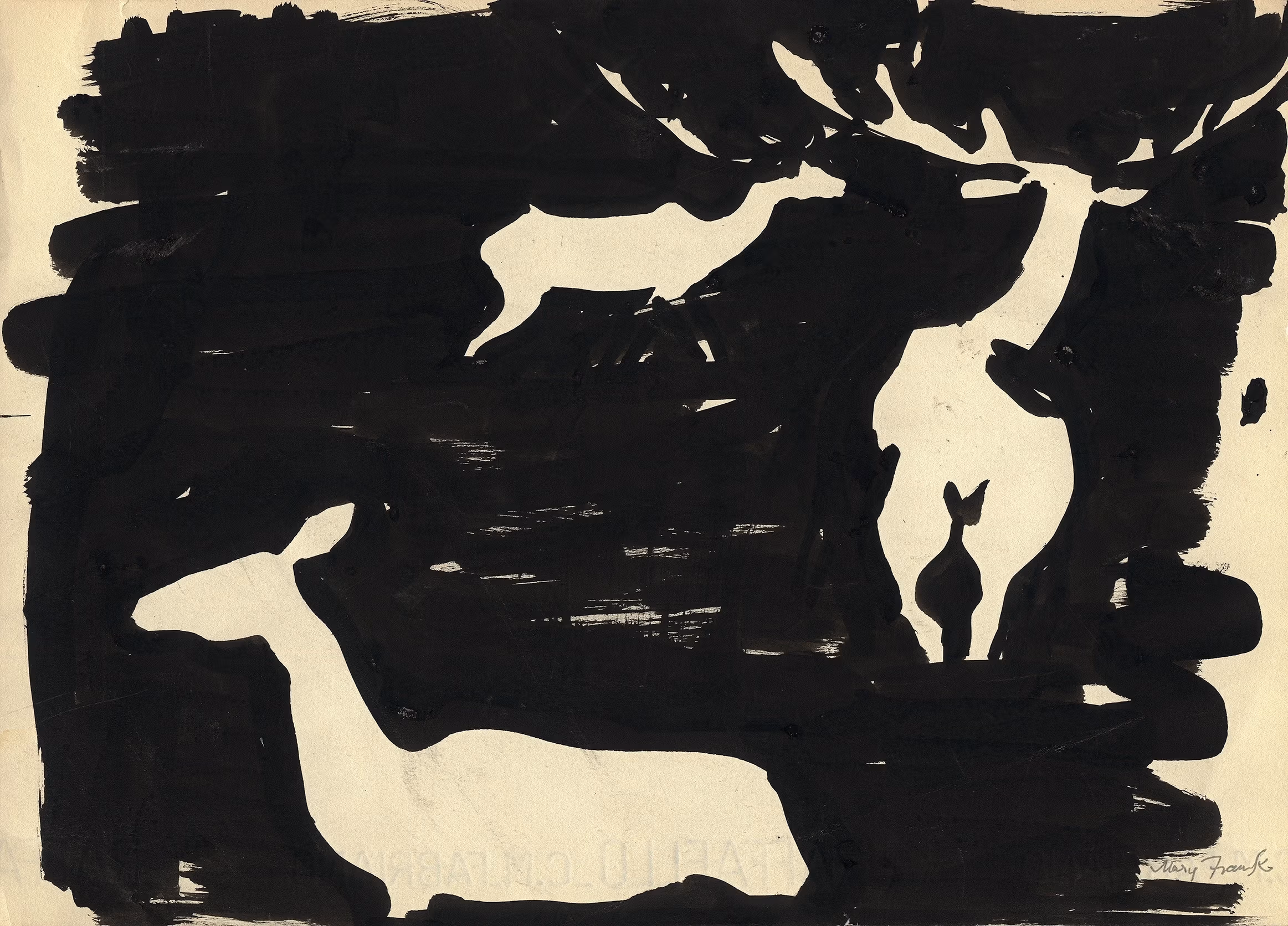 Mary Frank drawing of deer on a black background