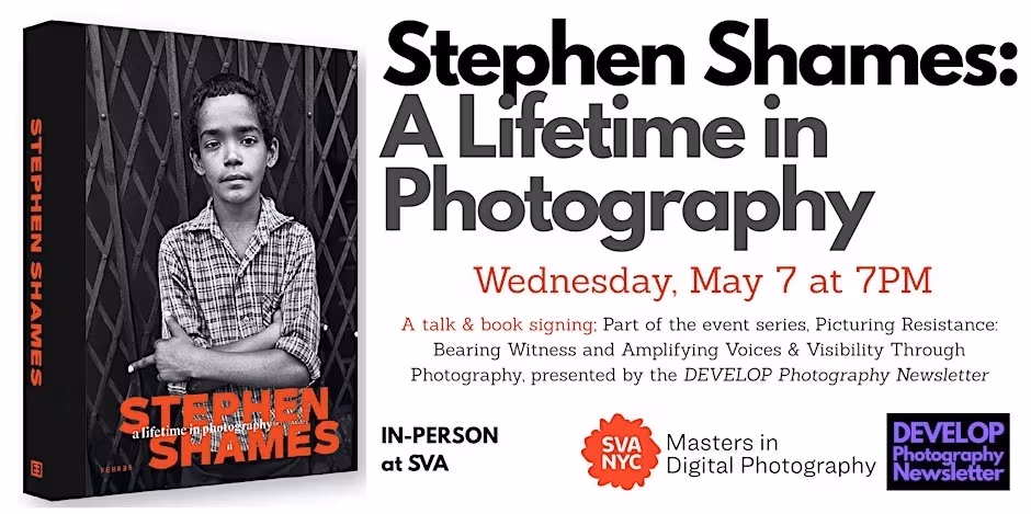 A promotional banner for Stephen Shames: A Lifetime in Photography, which features the cover of Stephen's photobook that shares the same title with the event.