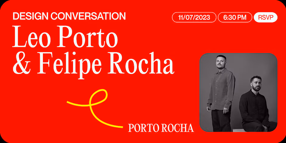 A red slide that features the words "Leo Porto and Felipe Rocha" in white text with a black and white photo of two people in the lower right side of the composition