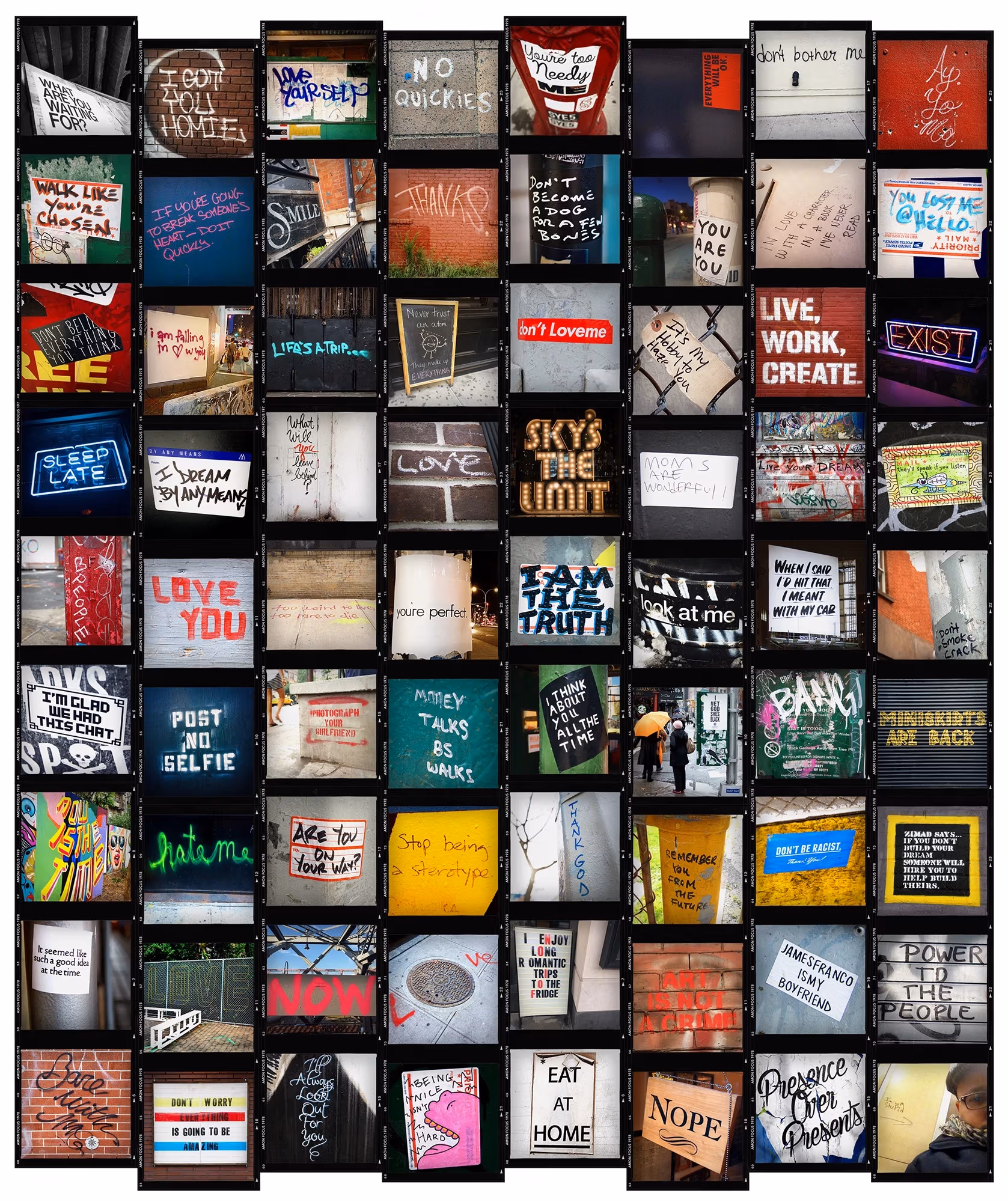 A collage of photographs taken on the street of different signs, graffiti, and messages.