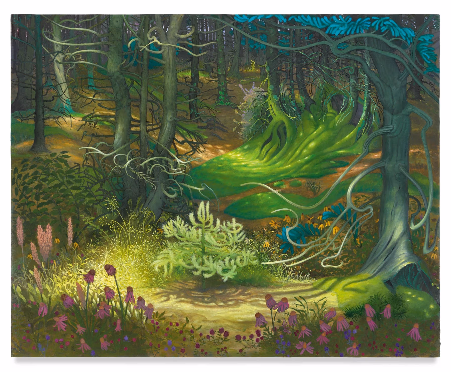 Inka Essenhigh, Forest with Dappled Light, 2022. Enamel on canvas, 40 x 50 inches. Swirly painting of a forest floor with a baby pine growing up to the crack in the canopy.