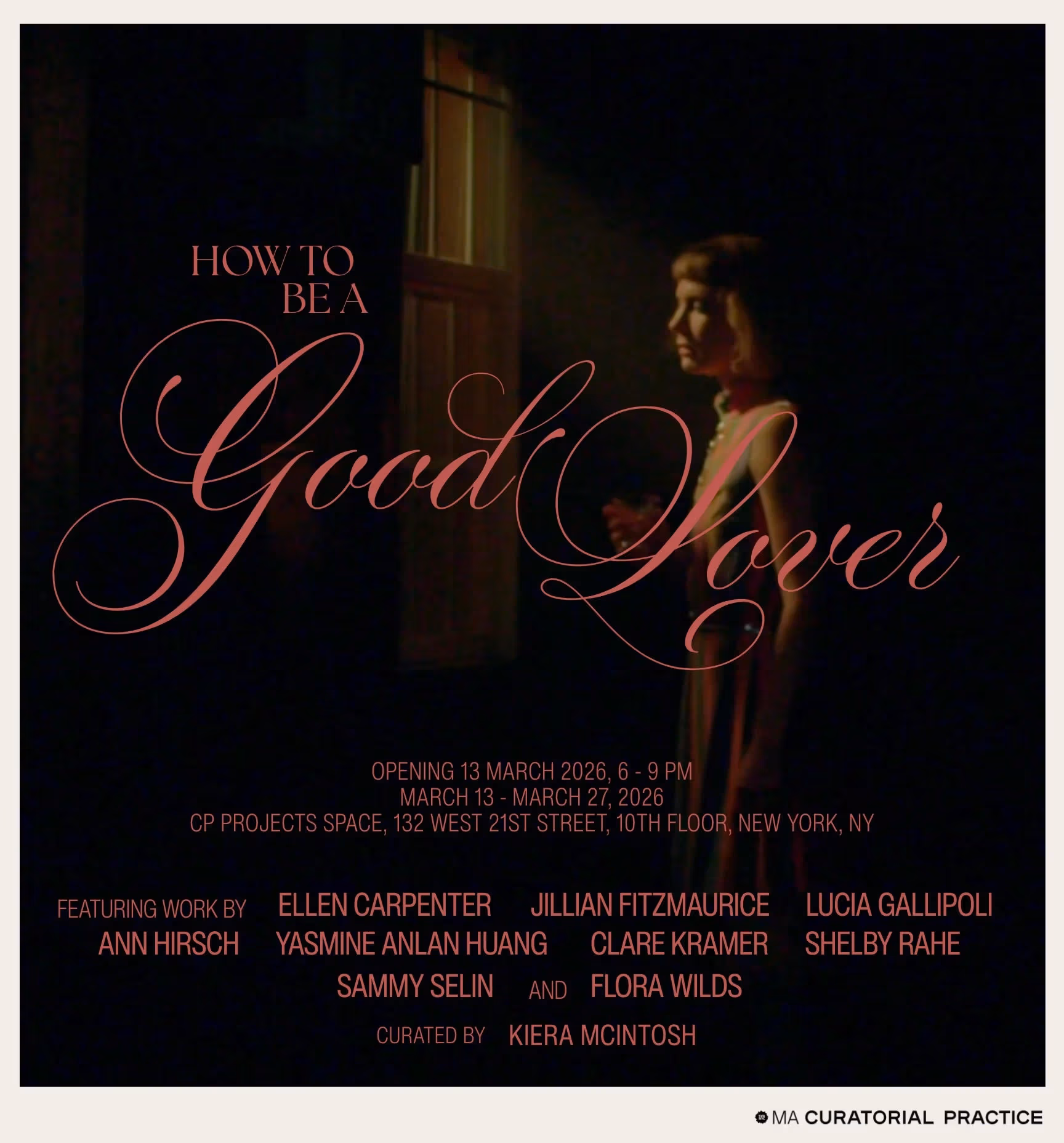 a black image with a woman on it and pink text