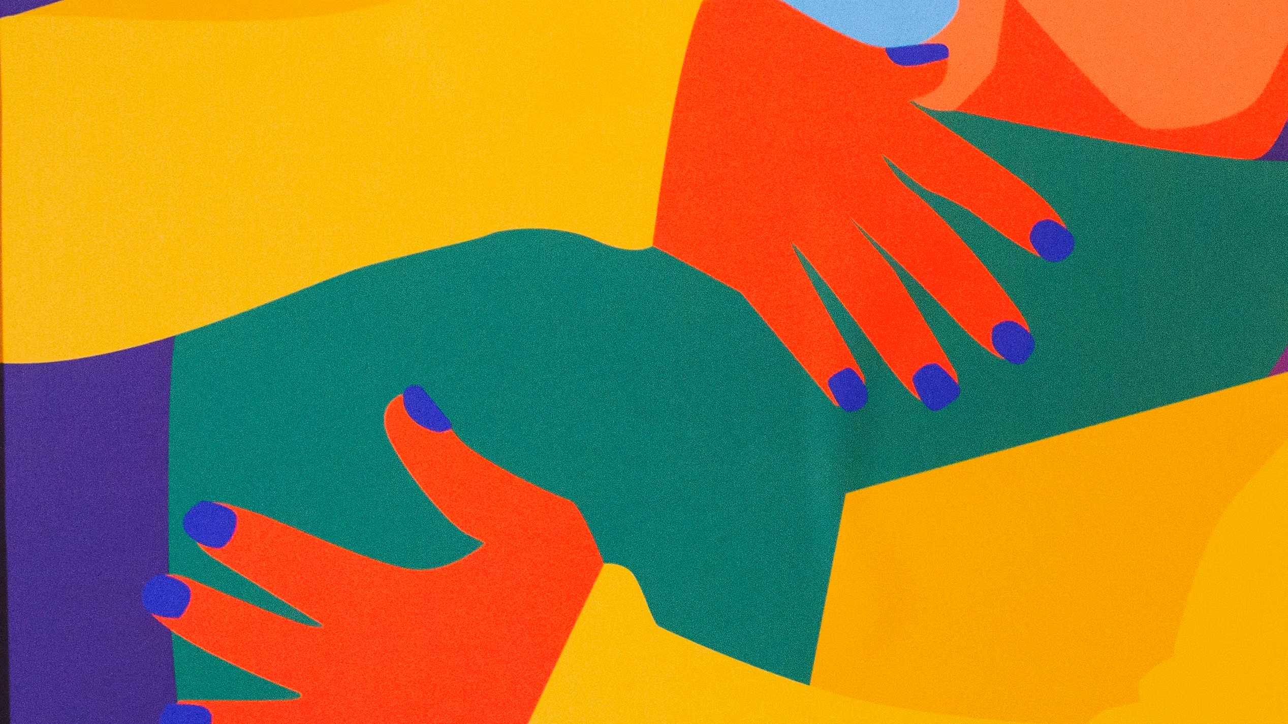 A poster featuring a blocky, coloful background image of two people embracing in a hug. Overlaid on top is white text listing names of participating artists and the title of the event.