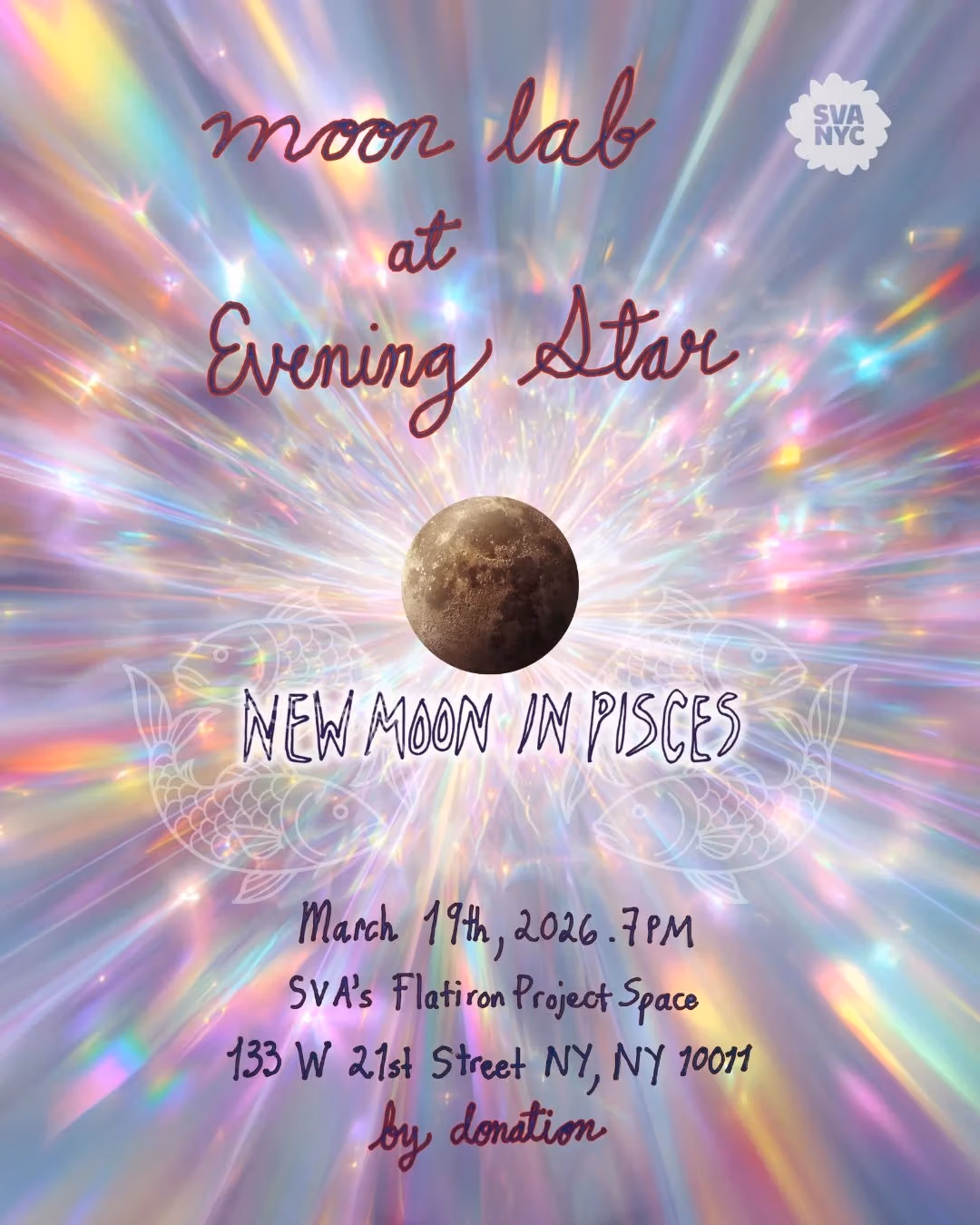  Poster for event with a moon at center and cosmic rays coming out of it,