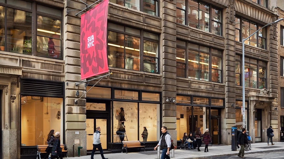 a building exterior featuring a red flag with the SVA logo on it and people walking around out front