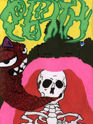 Felt image of a skeleton in a cave with a red worm monster coming out of its mouth.