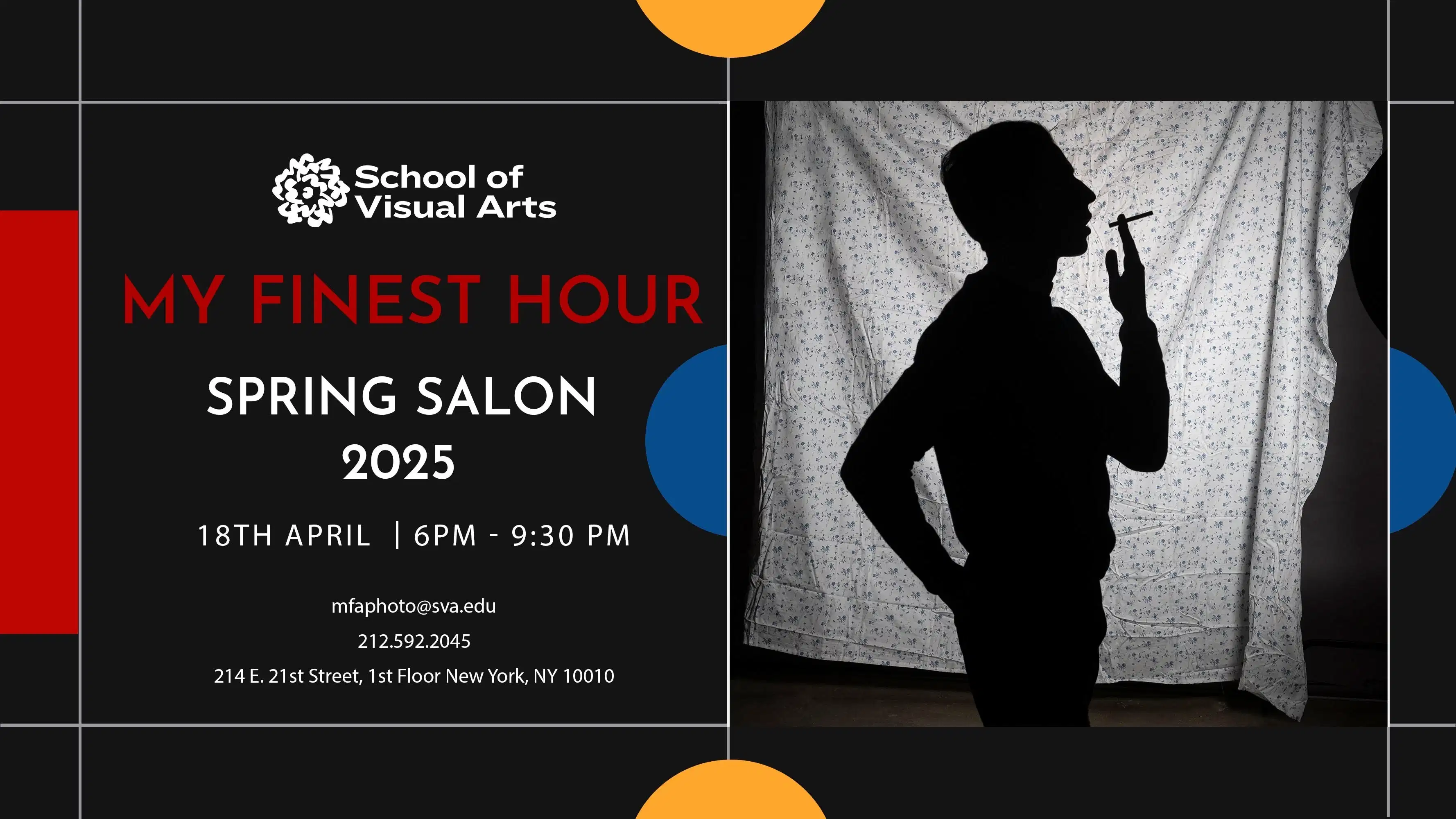 Graphic for Spring Salon; words with event details on the left side and a shadowed image of a person smoking on the right.
