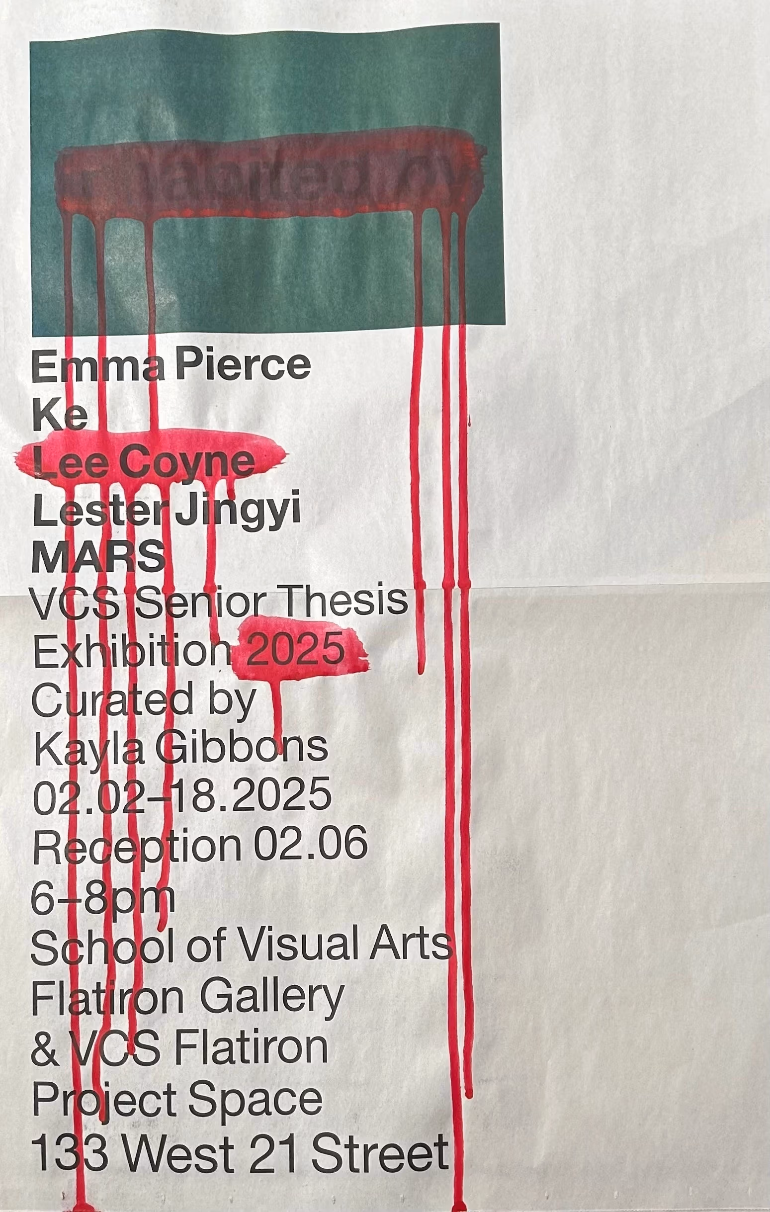 Newsprint poster with running magenta ink covering some of the words.