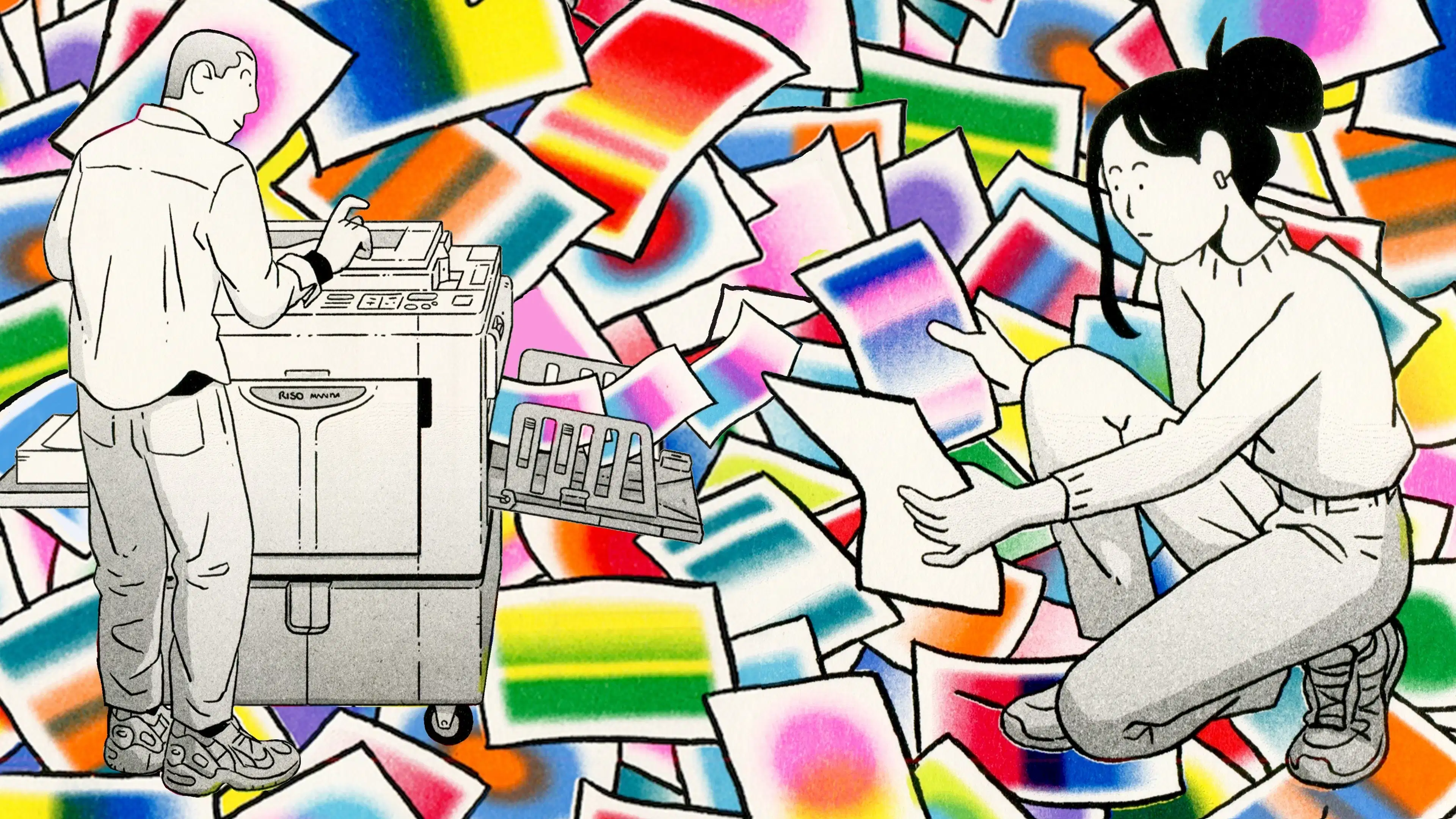 Riso print of students at a riso machine